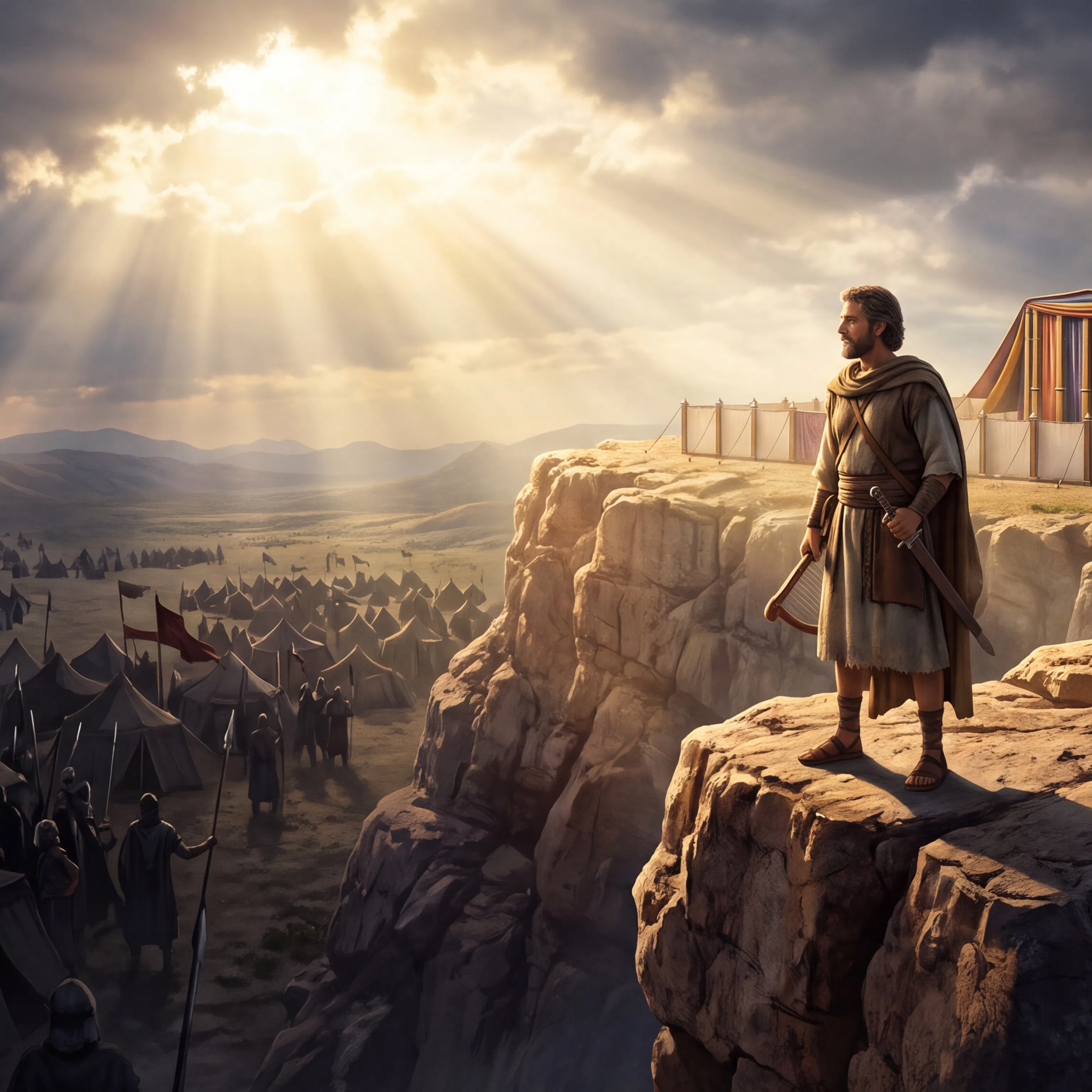 Man With Sword and Harp Overlooks Army Camp and Tabernacle