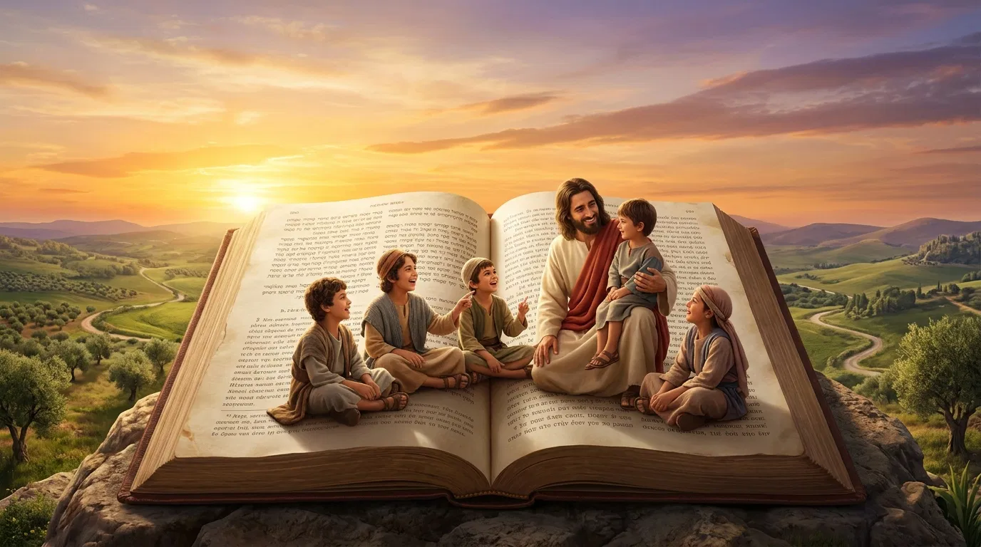 Jesus Among Children on an Open Bible