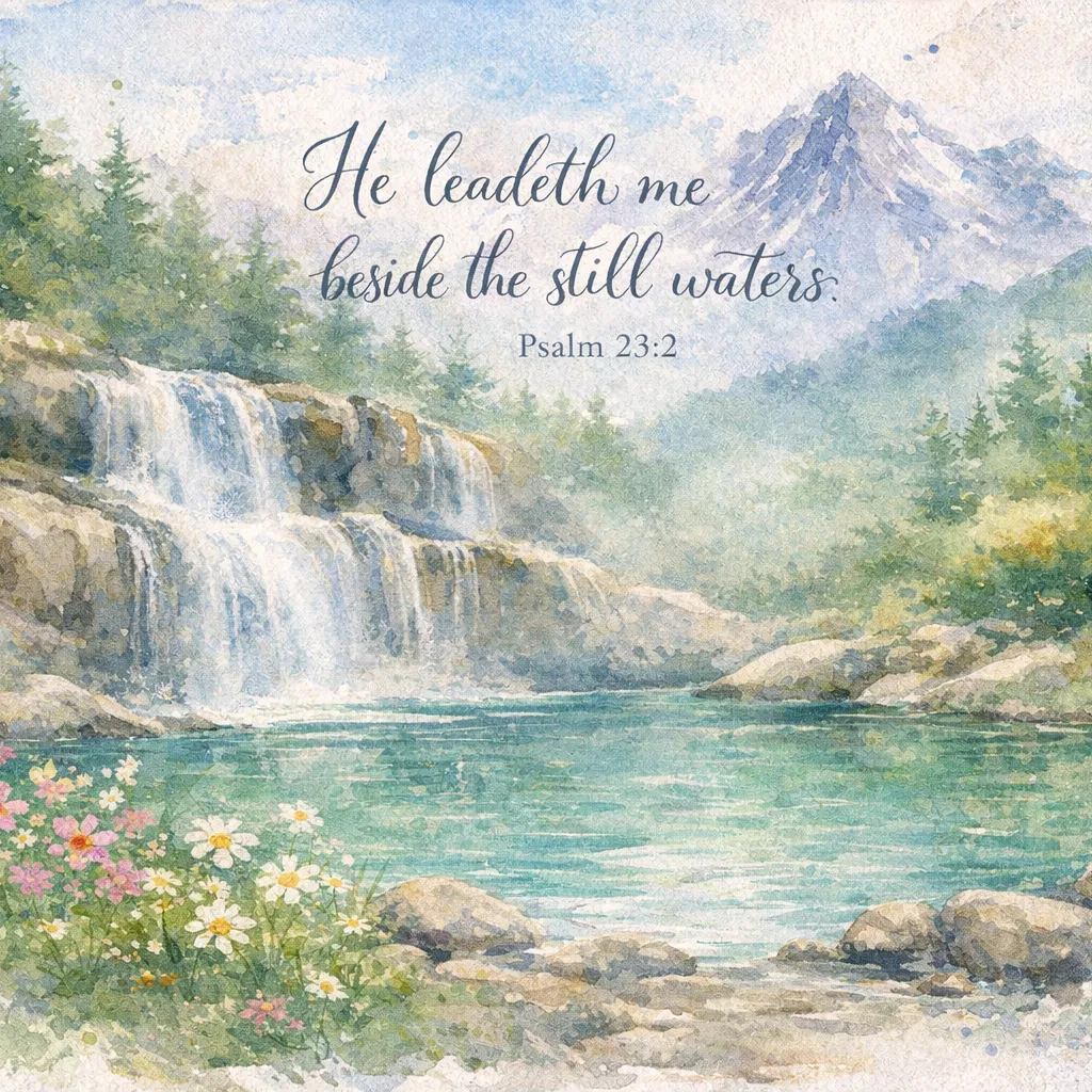 Still Waters Below a Waterfall With Psalm 23