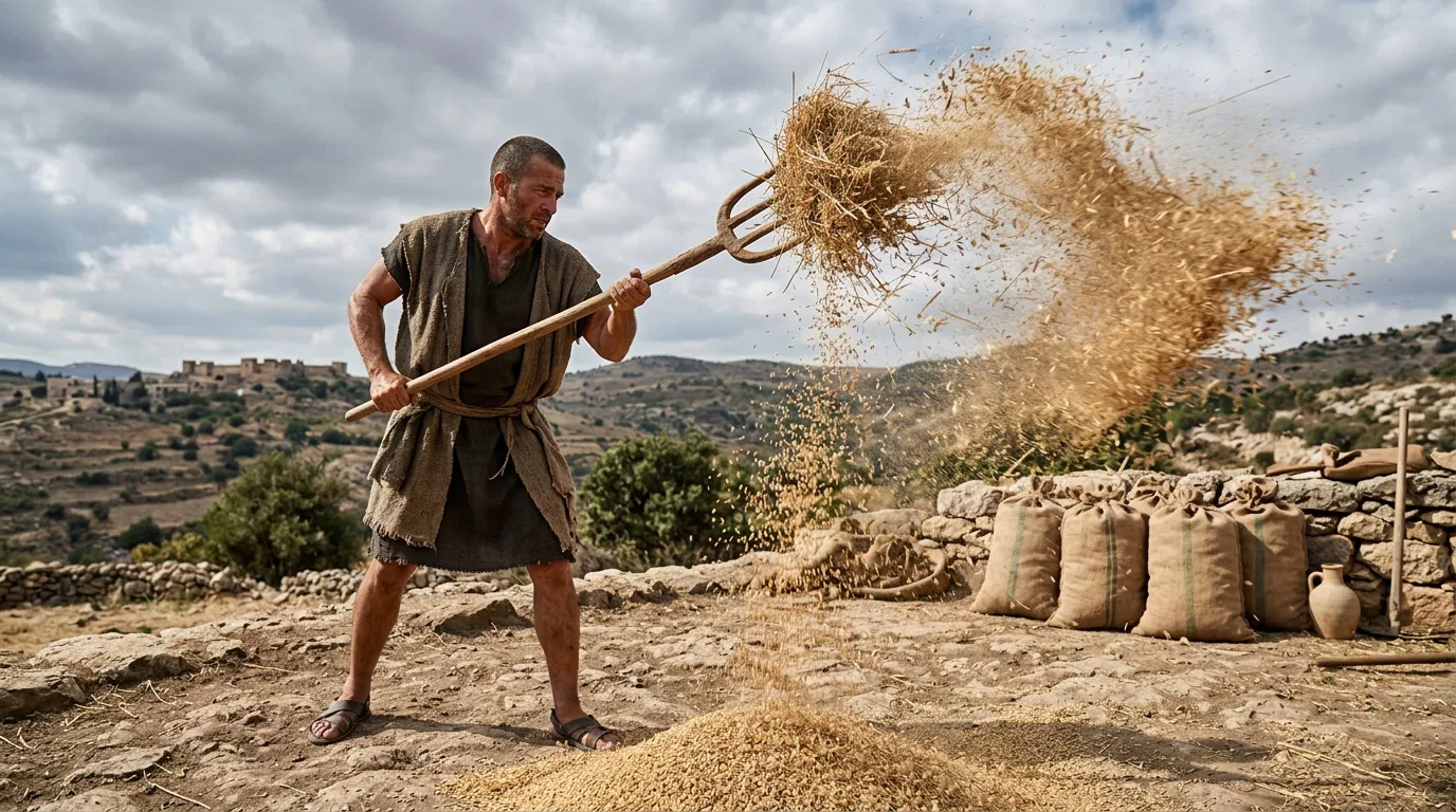 Man Winnowing Grain With a Pitchfork
