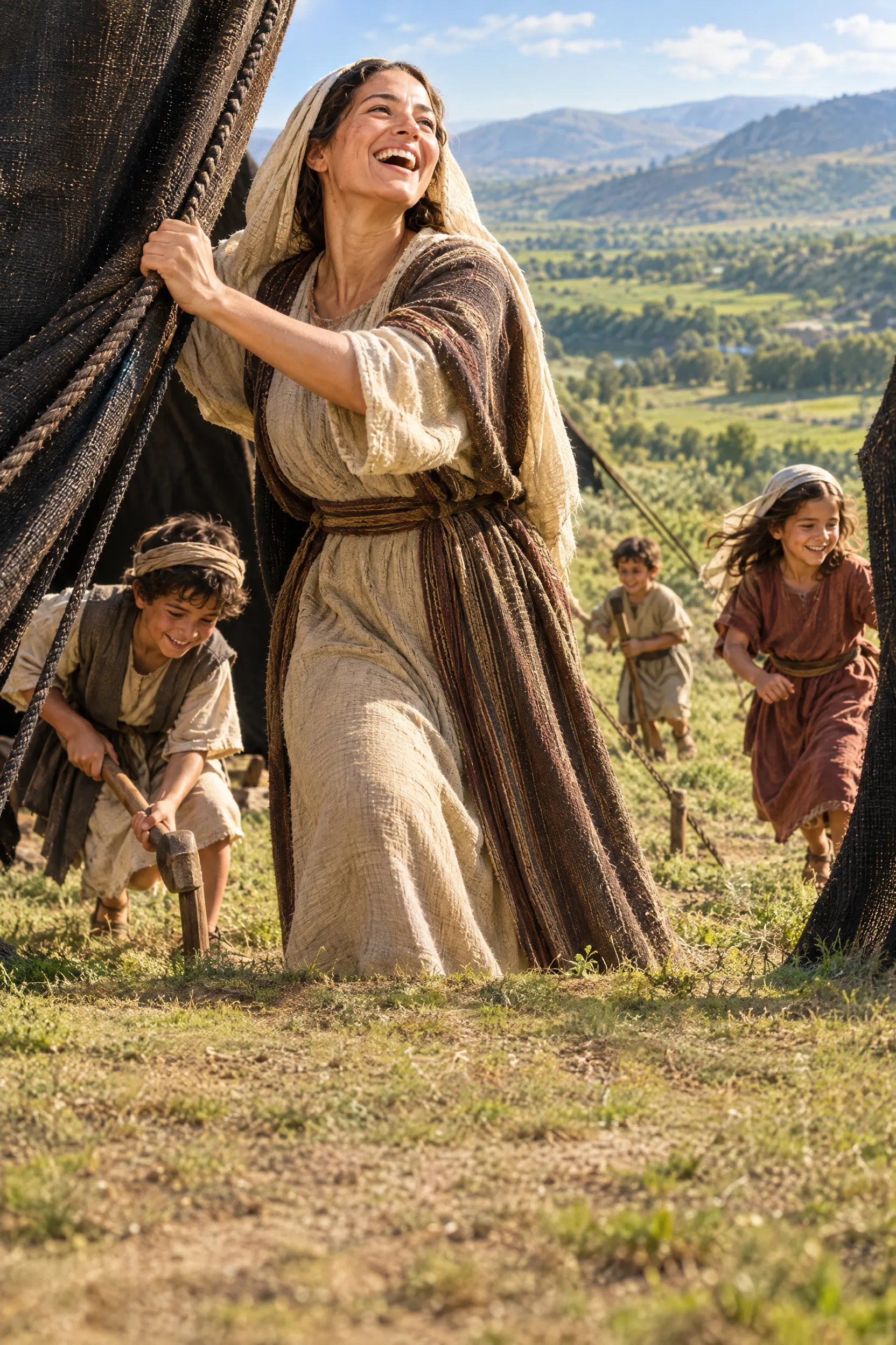 Woman Enlarges Her Tent With Her Children