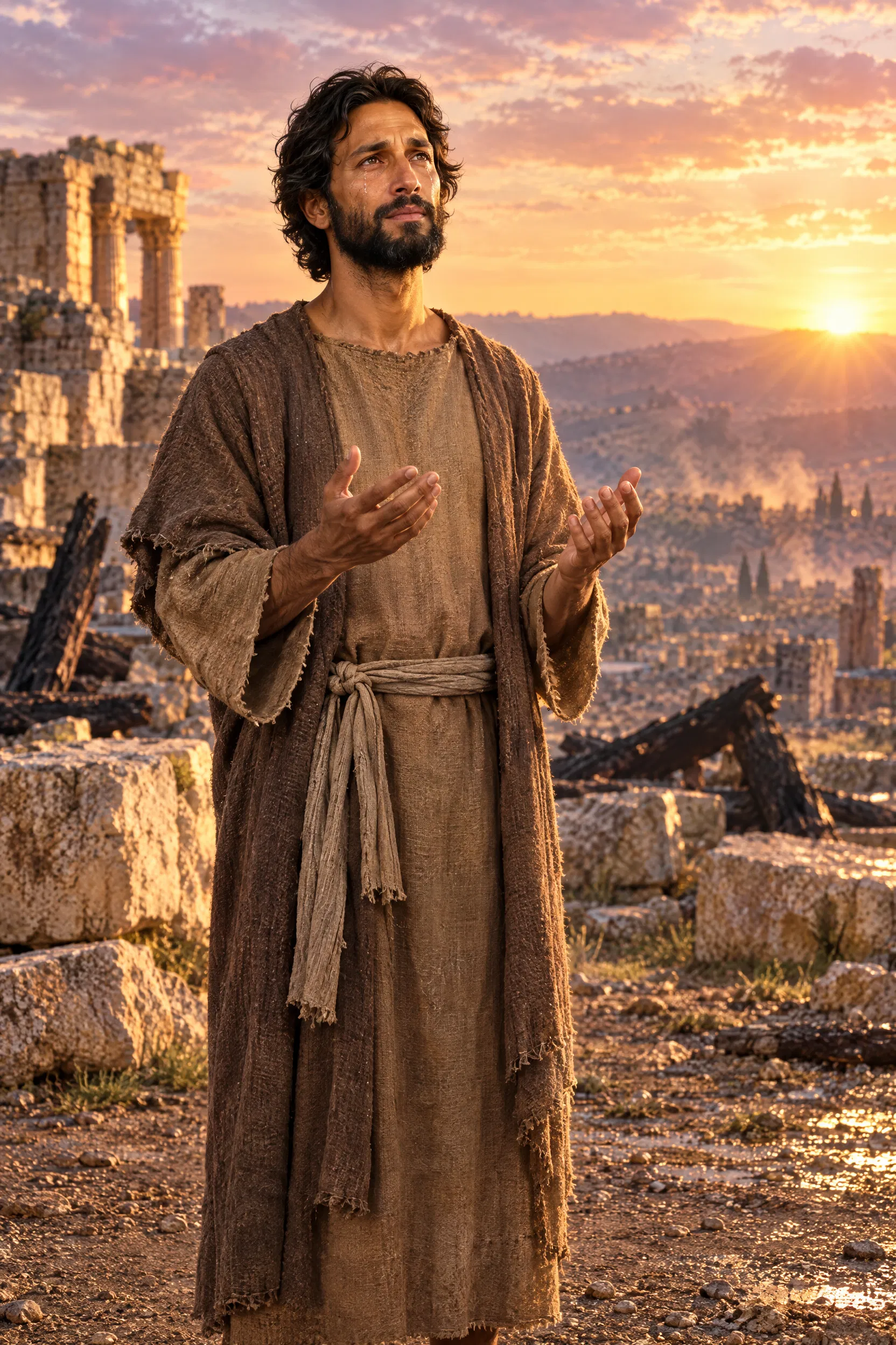 Jeremiah Lifts His Hands at Dawn Over Ruins