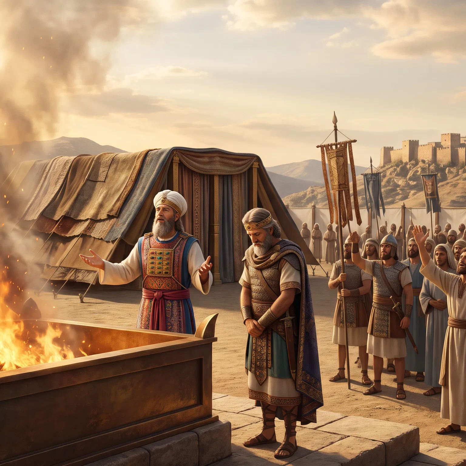 Priest and King Lead Israelites in Prayer at the Altar