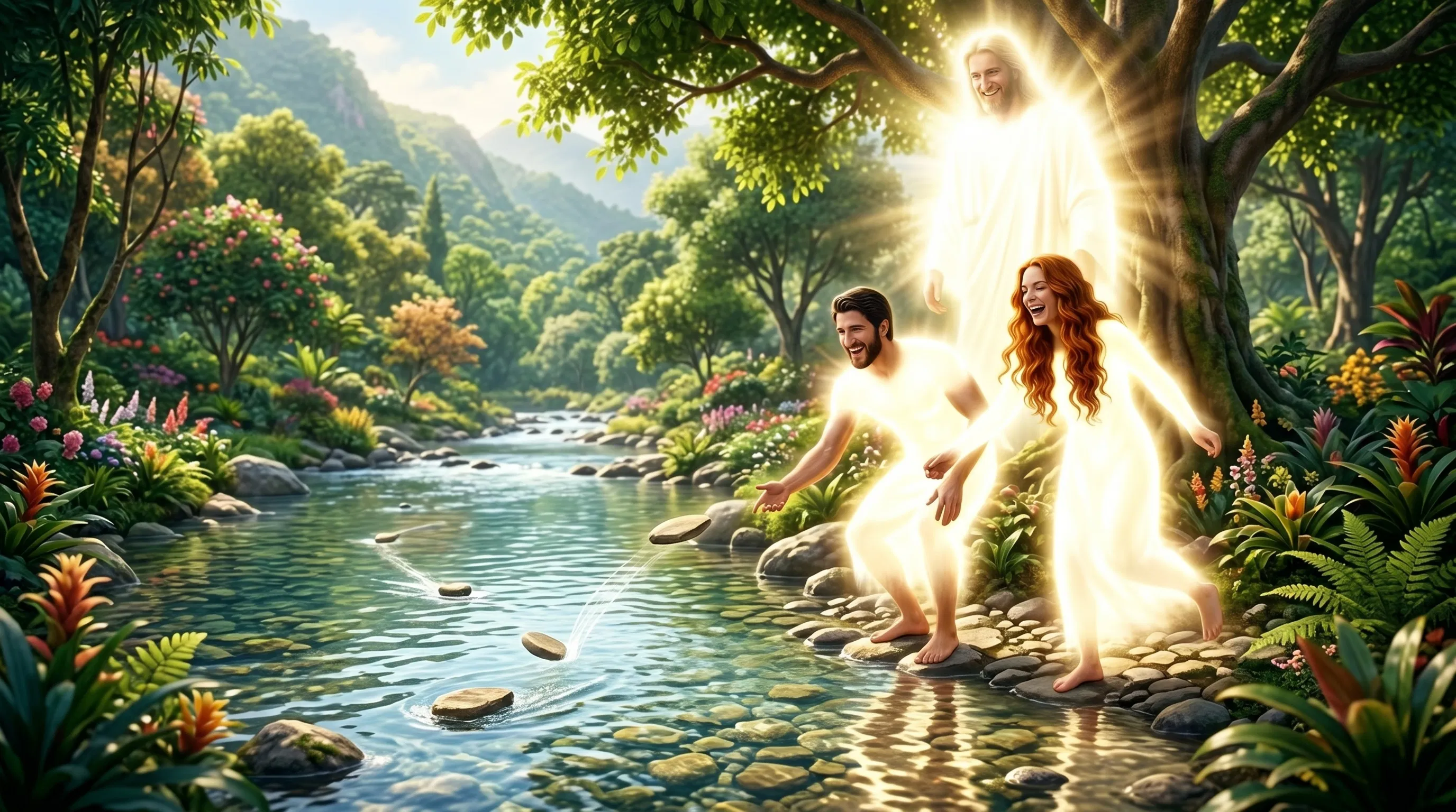 Adam and Eve Skip Stones With God by the River