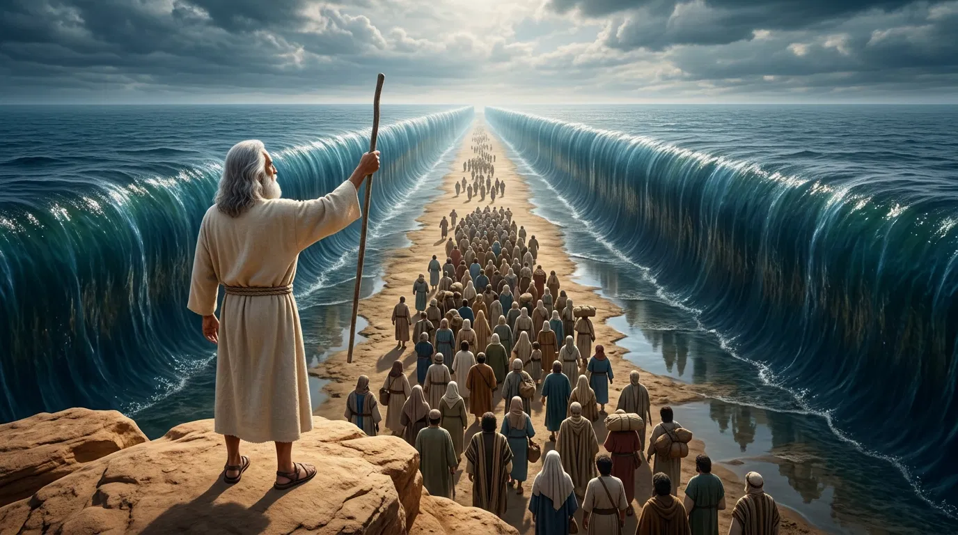 Moses Raises His Staff Over the Parted Red Sea