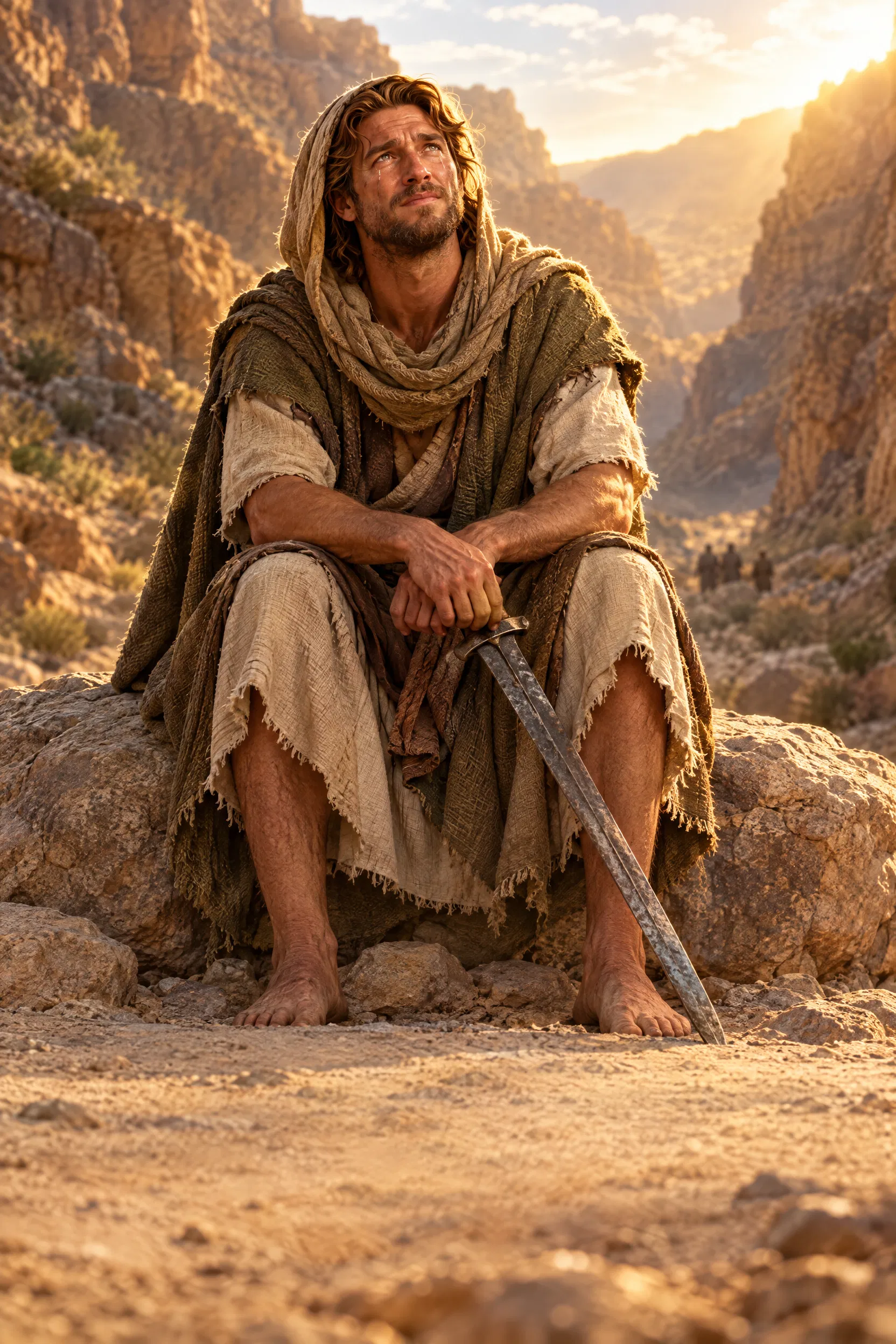 David Rests in the Wadi at Sunrise
