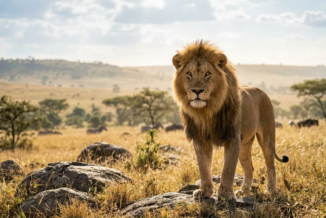 A Lion Standing on Rocks in the Grassland