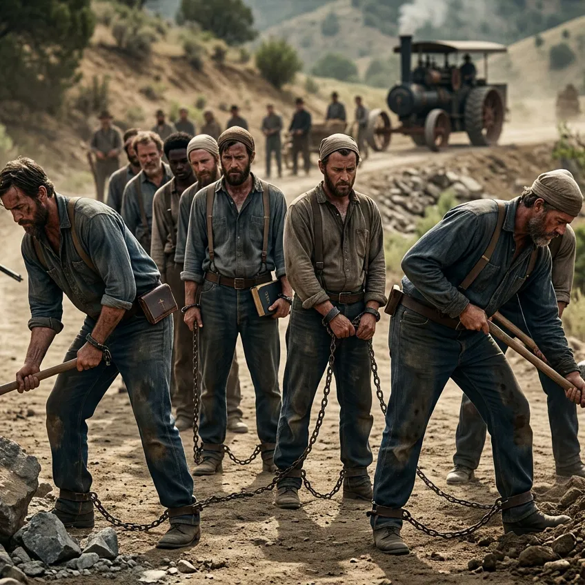 Believers in Chains Breaking Rocks on a Road