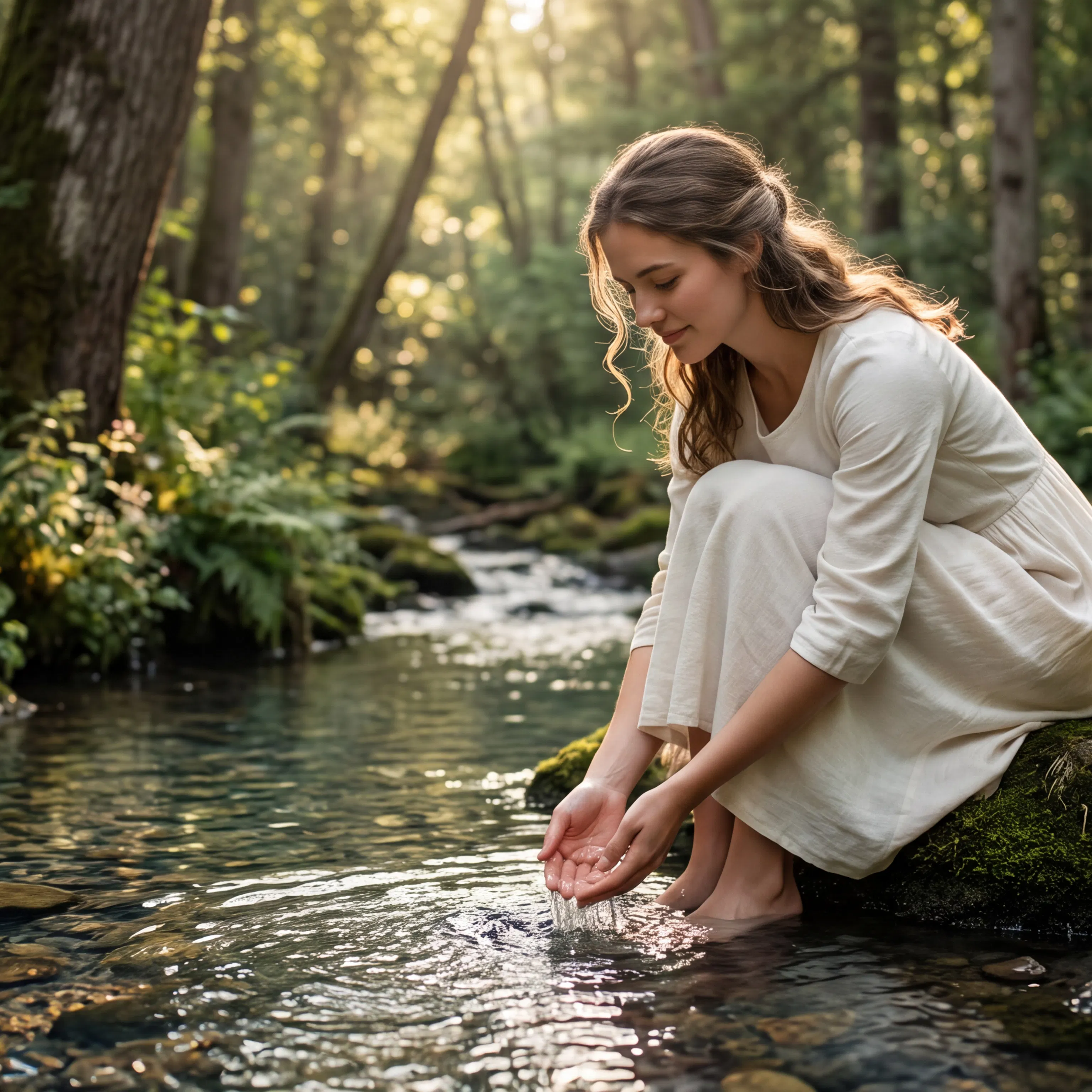Woman in White Dress Cups Stream Water in Forest