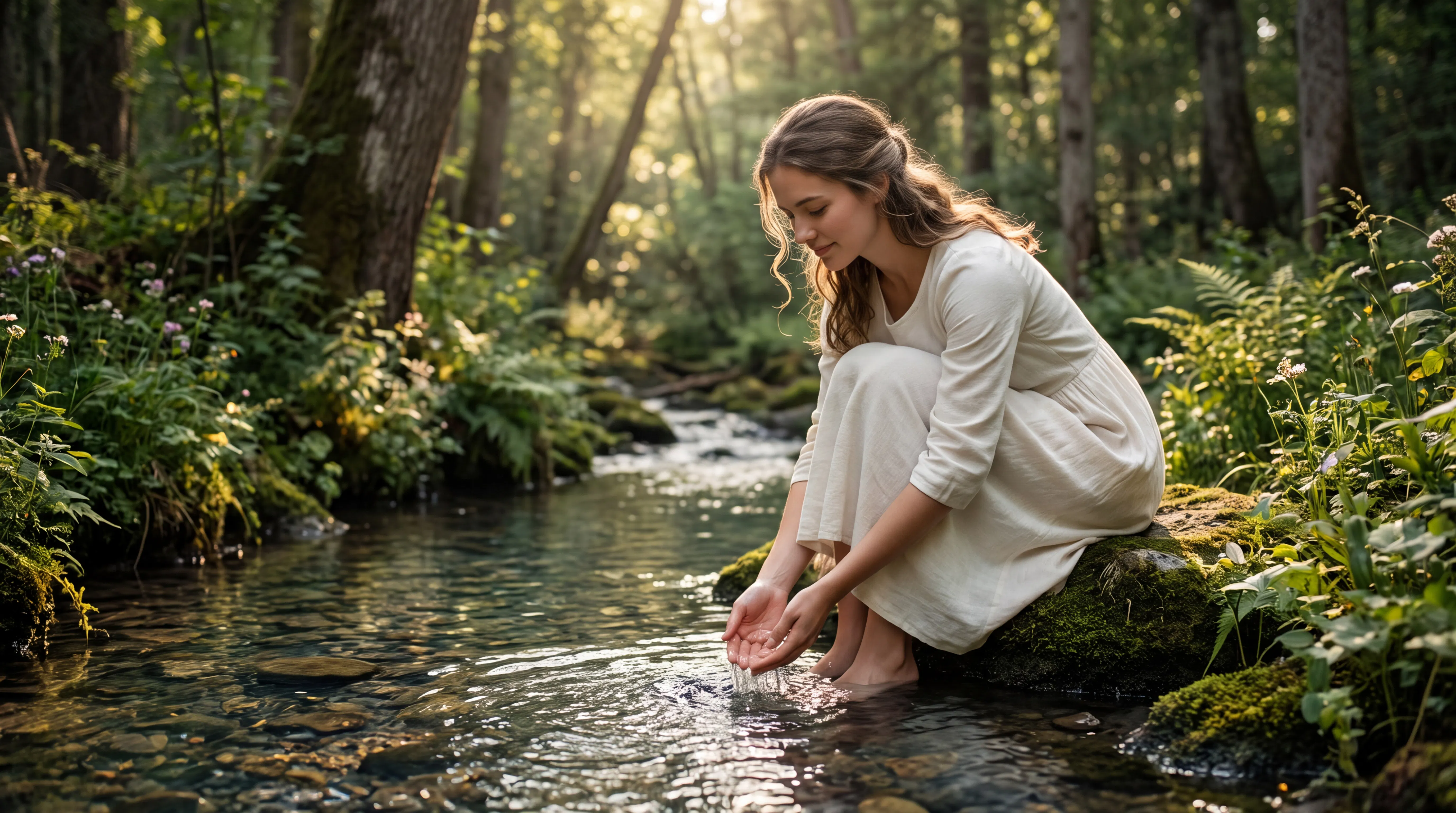 Woman in White Dress Cups Stream Water in Forest