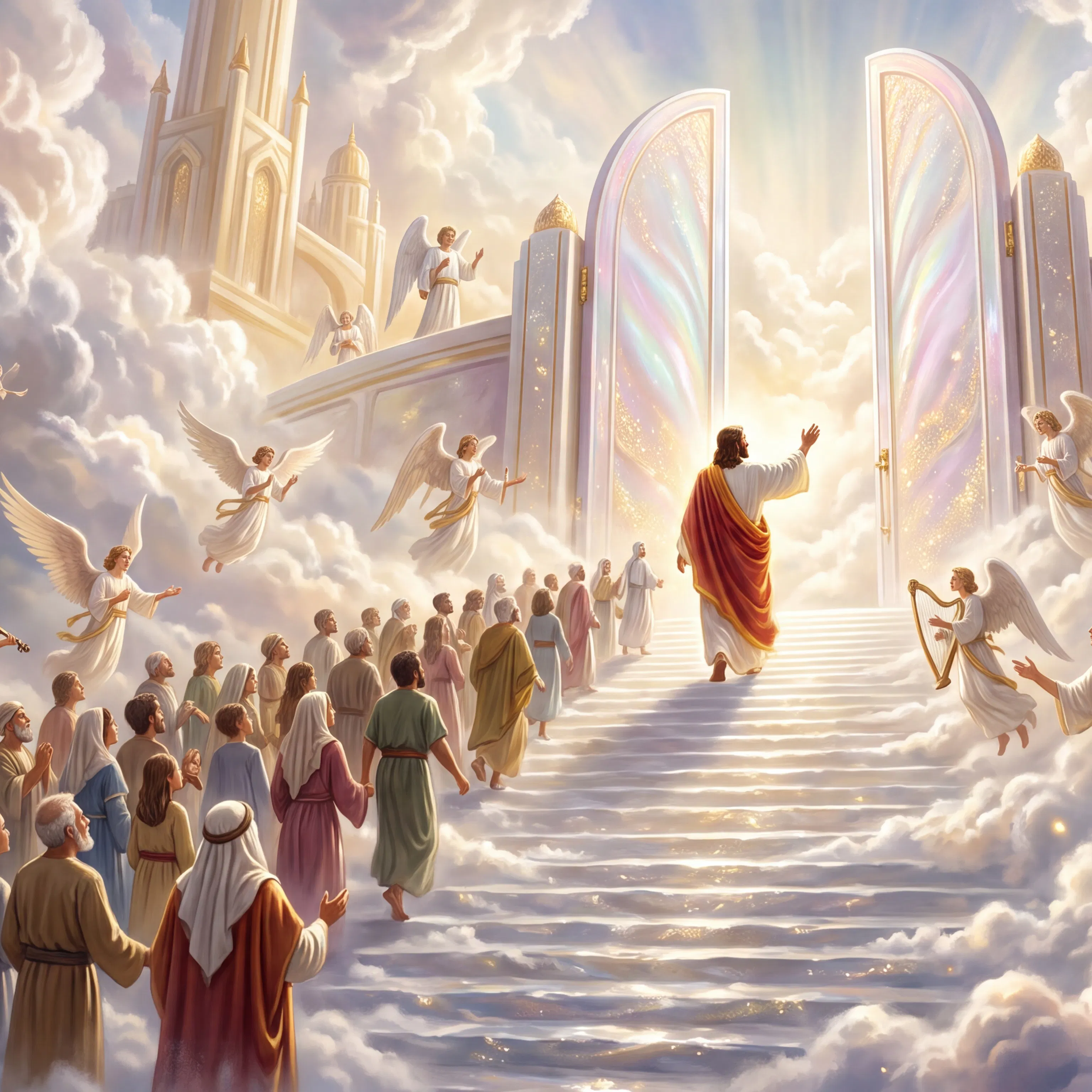 Jesus Leads Believers Up Stairs to Heaven's Gates