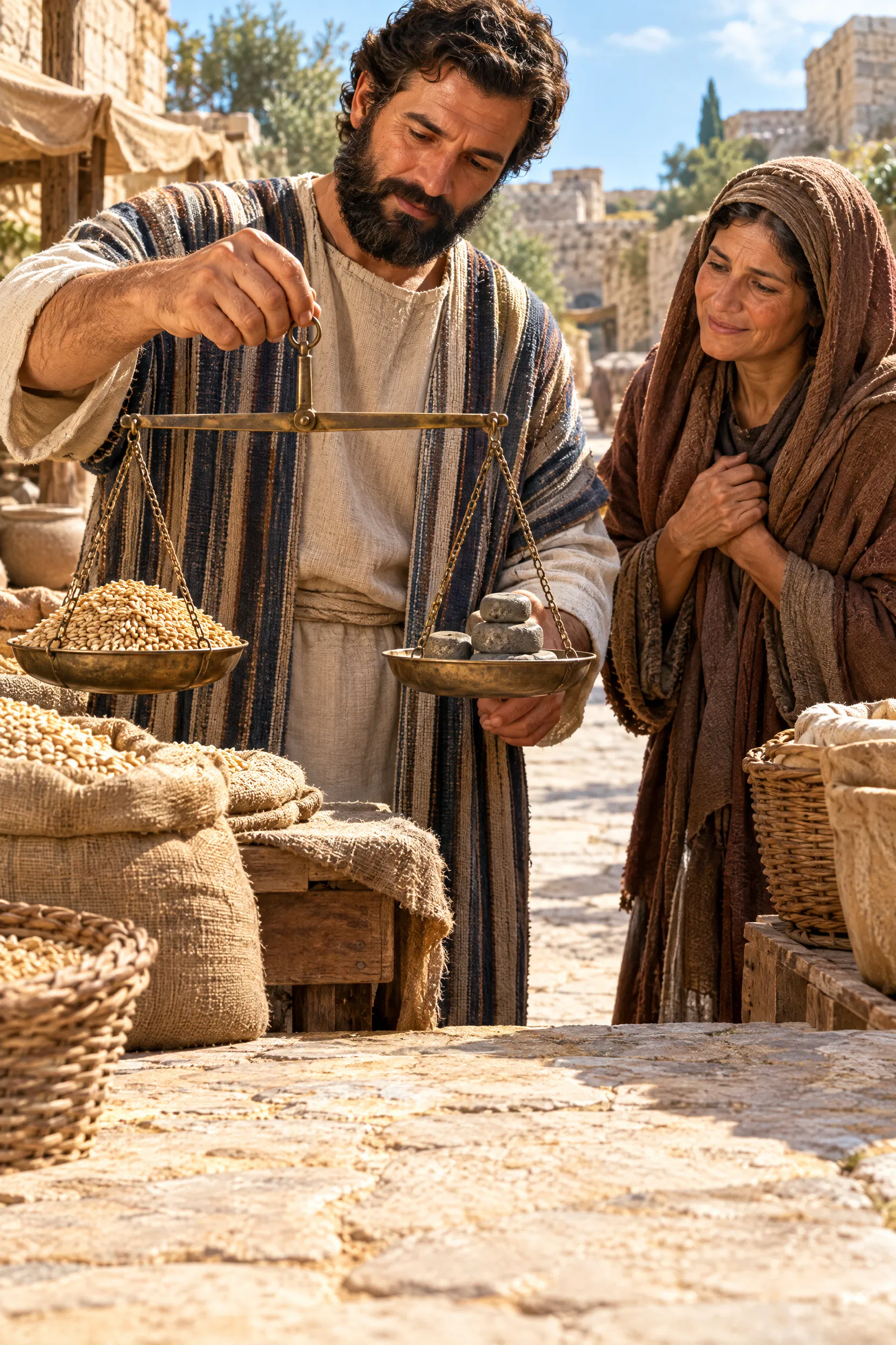 Honest Merchant Weighs Barley for a Widow