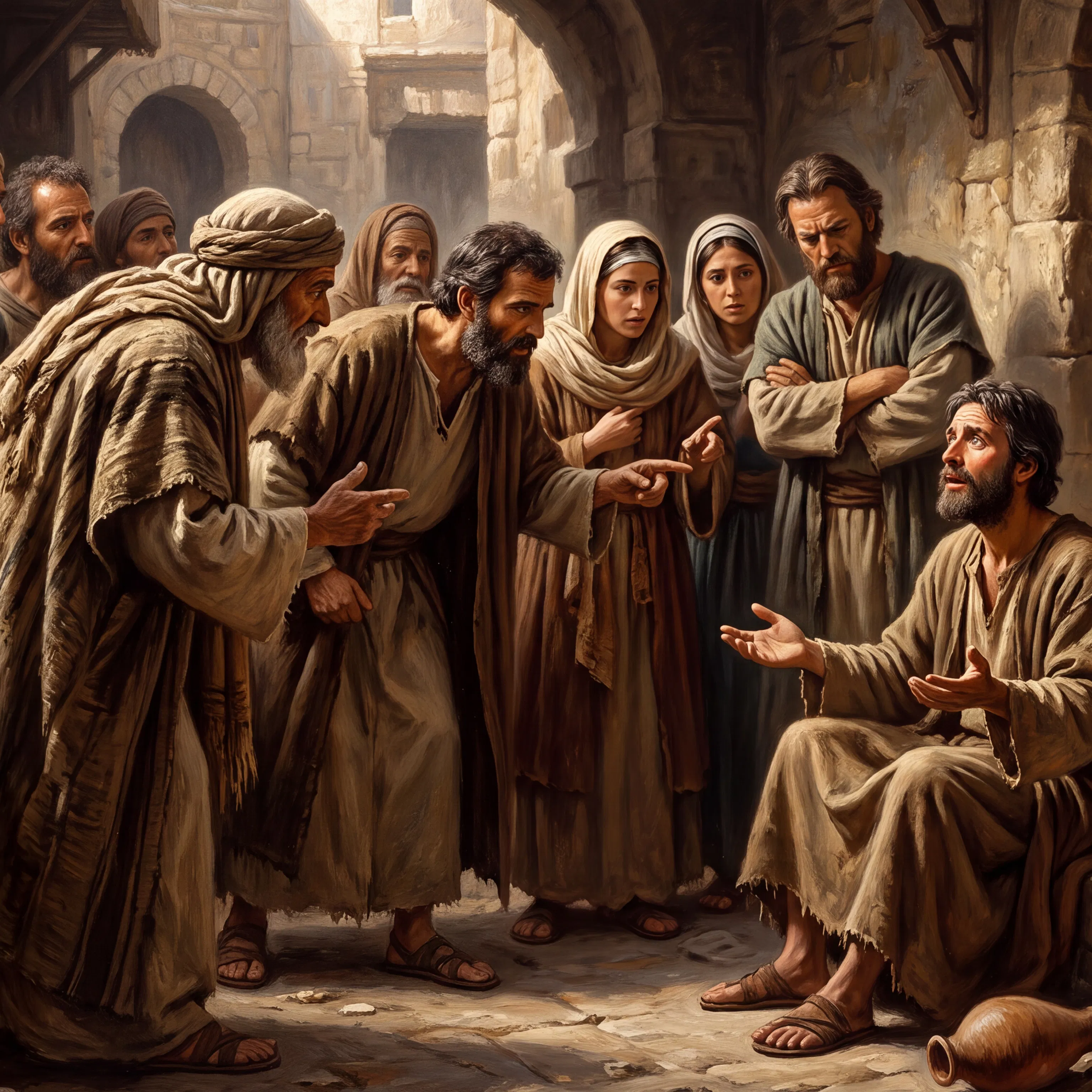 Neighbors Question the Healed Man in the Courtyard