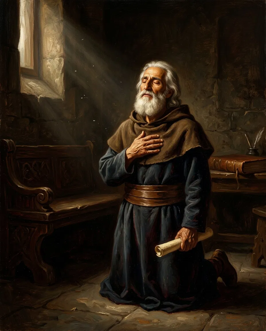 Old Man Kneels in Prayer Holding a Scroll
