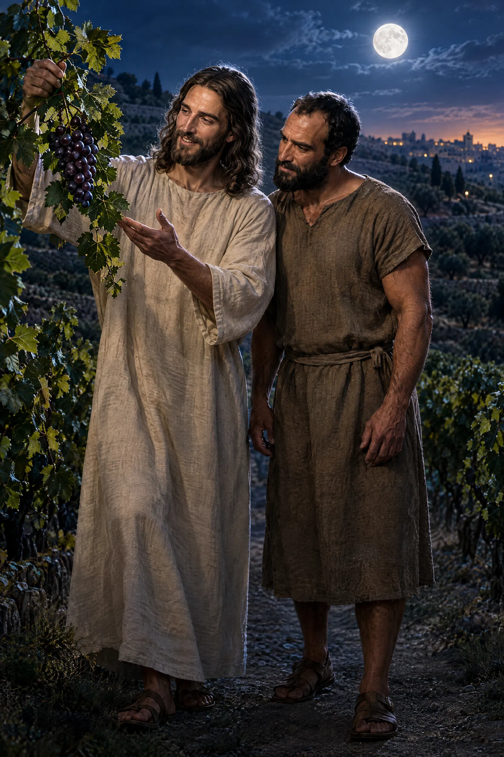 Jesus Shows Peter a Vine Branch With Grapes