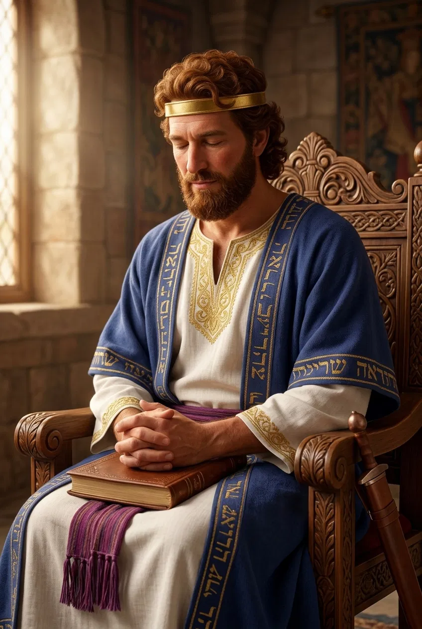King David Sits in Quiet Prayer With a Book