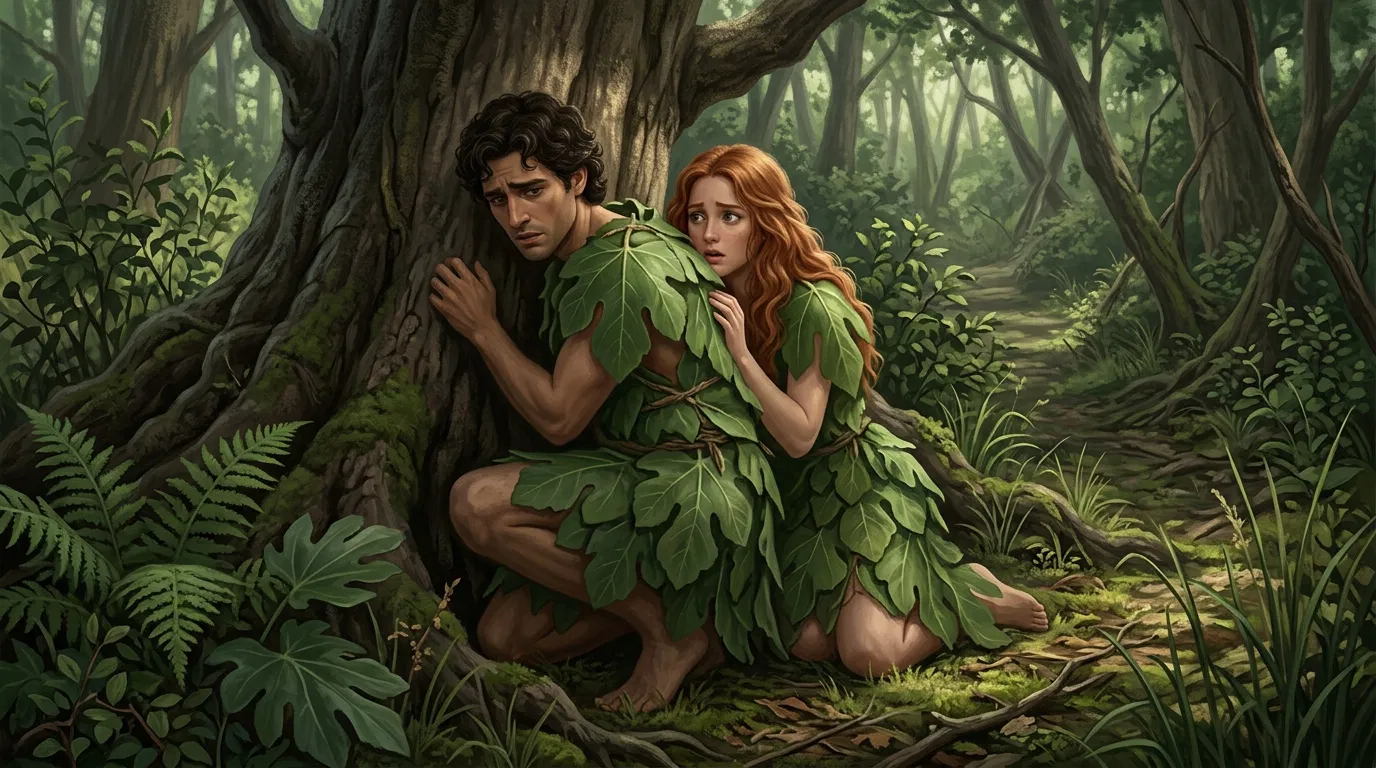 Adam and Eve Hide Behind a Tree in Leaves