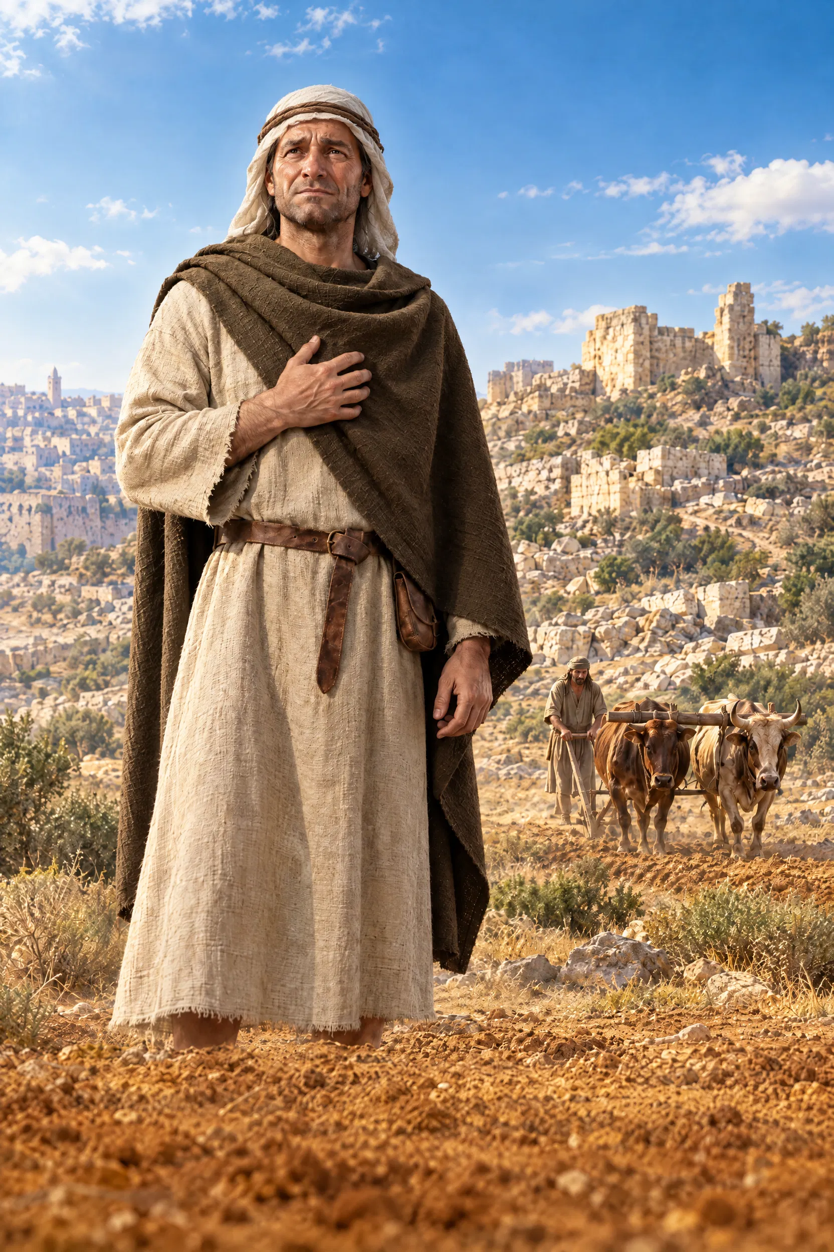 Micah Stands Before Ruins as a Farmer Ploughs