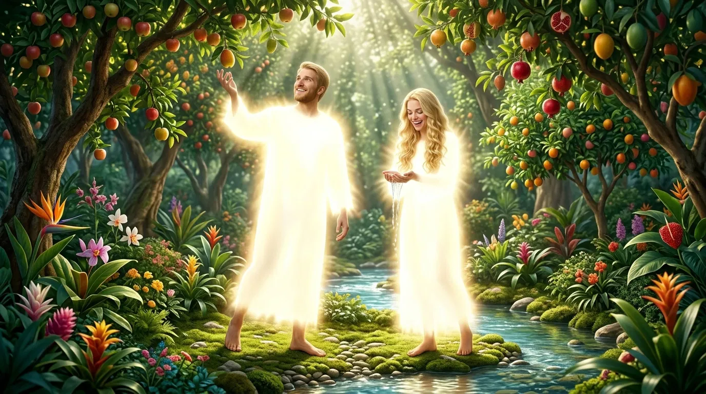 Adam and Eve Among Fruit Trees in Eden