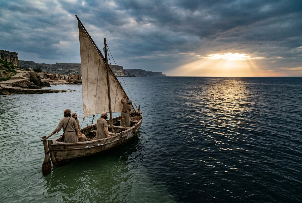 Fishing Boat Leaving the Shore for Deep Water