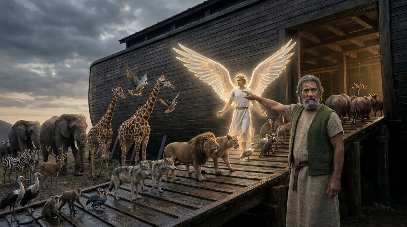 Animals Entering Noah's Ark Guided by an Angel