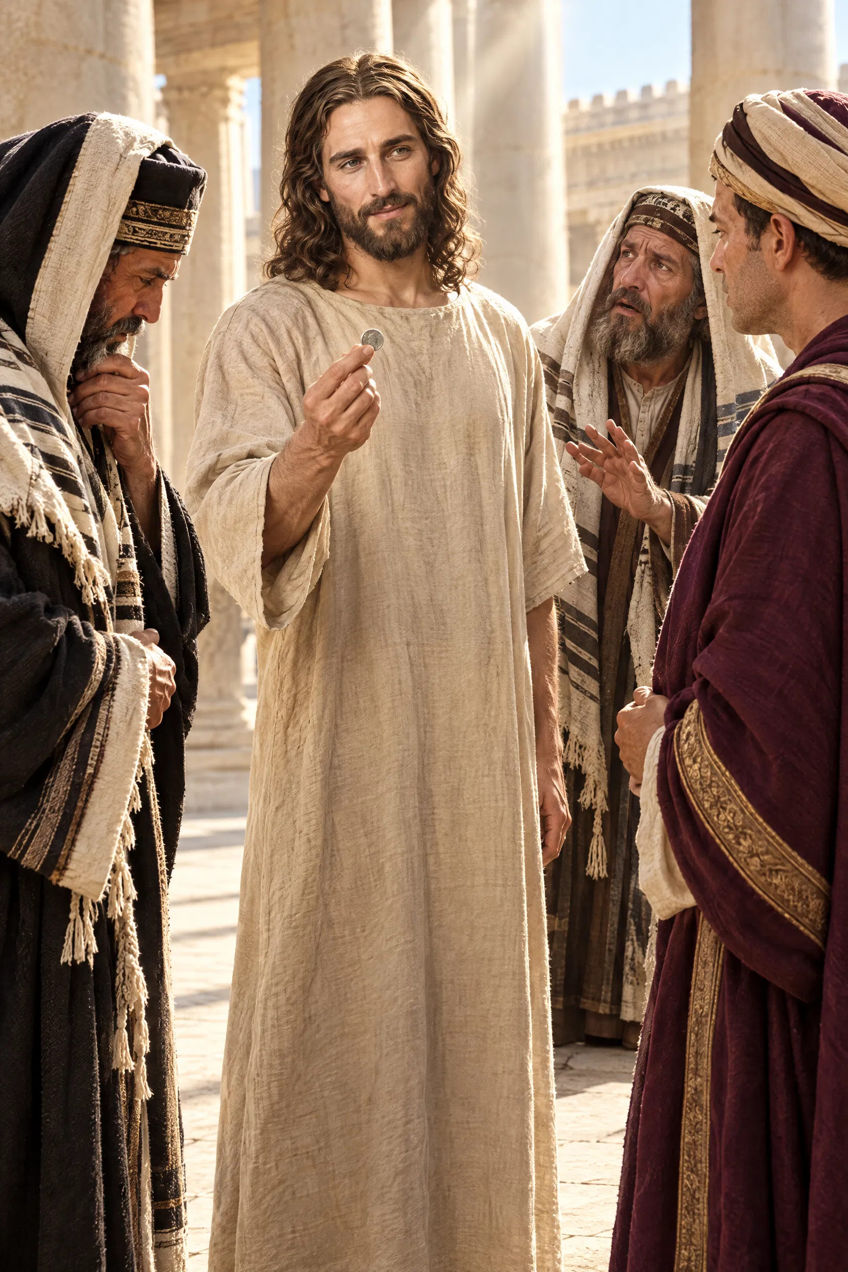 Jesus Holds Up the Tribute Coin to Pharisees and Herodians