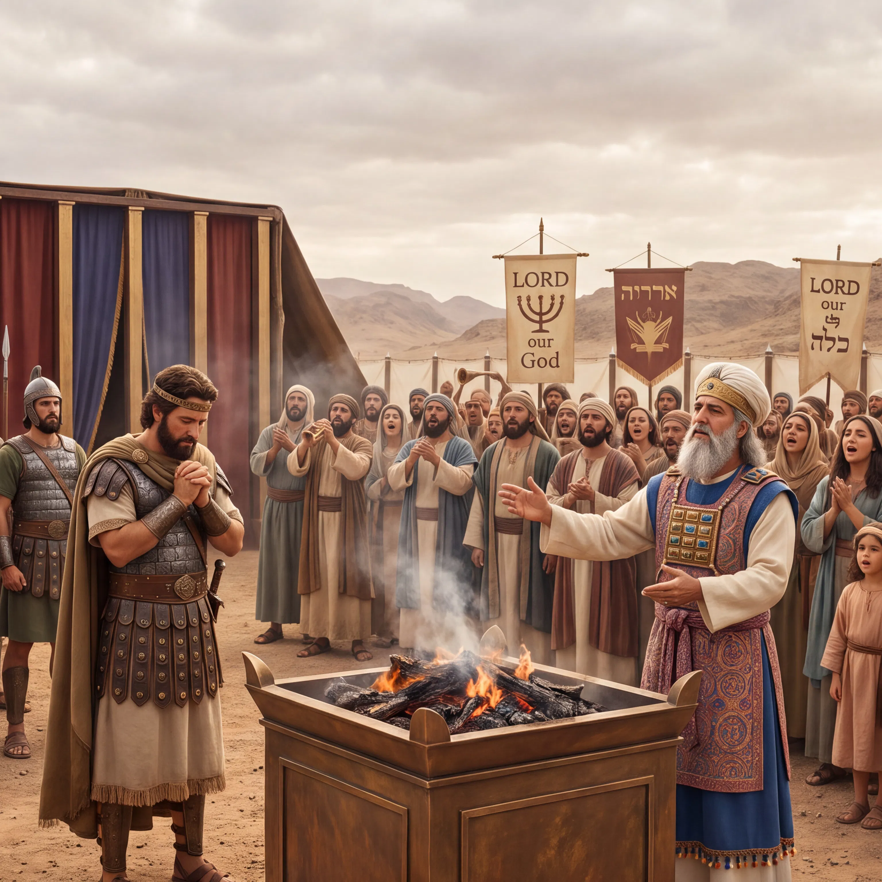 Priest and Soldiers Pray at the Altar Before the Tabernacle