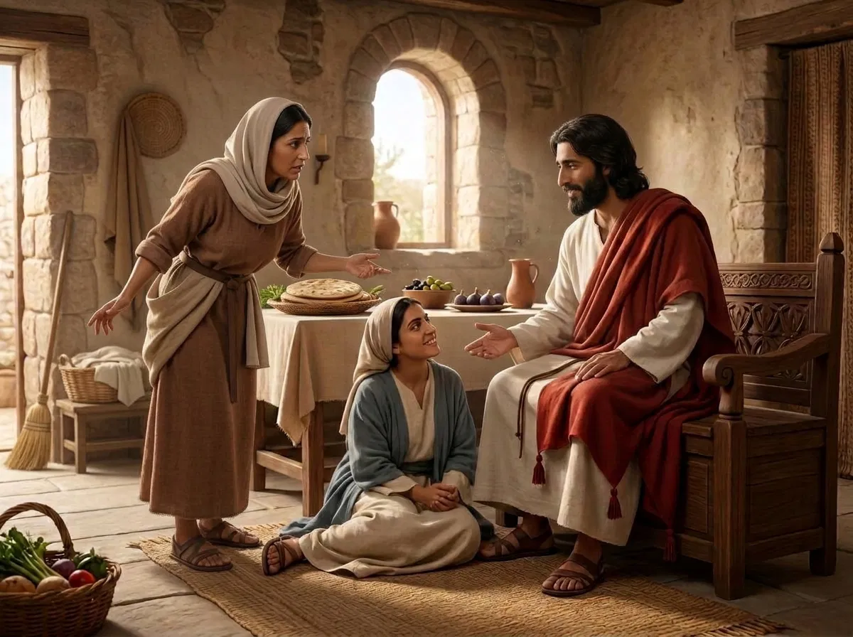 Martha Speaks to Jesus While Mary Sits Near Him