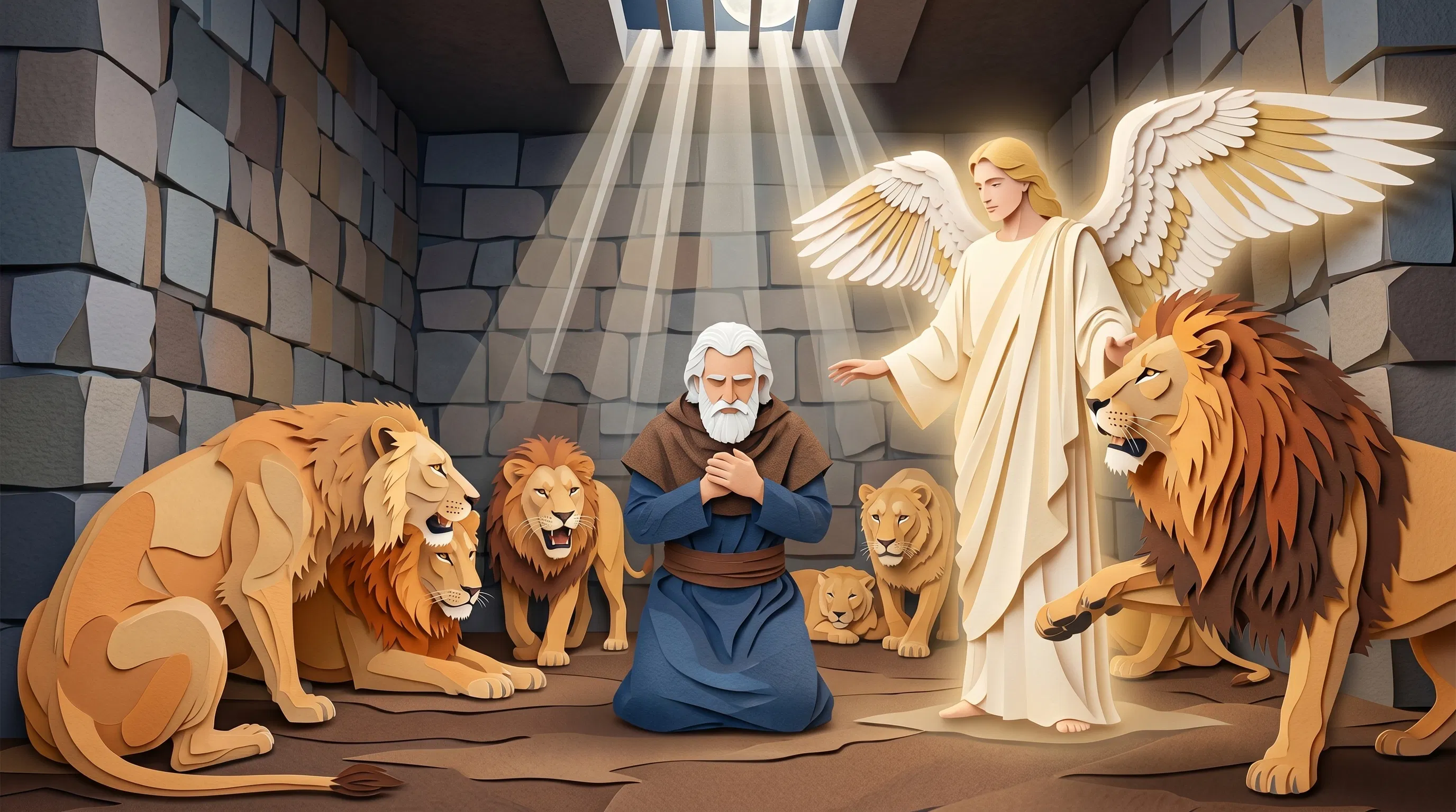 Daniel Kneels Among Lions with an Angel
