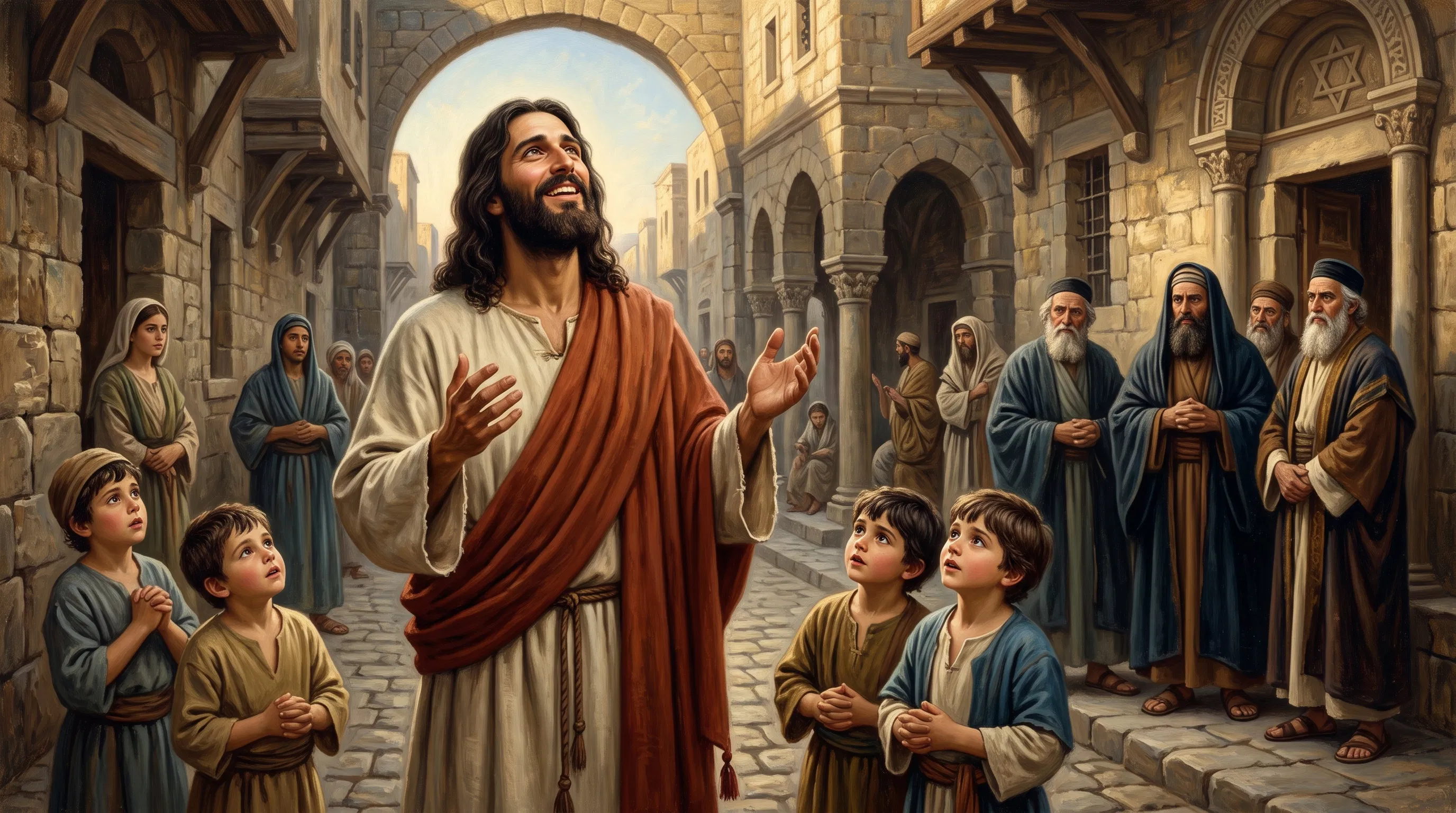Jesus Rejoices in Spirit With Children Looking Up