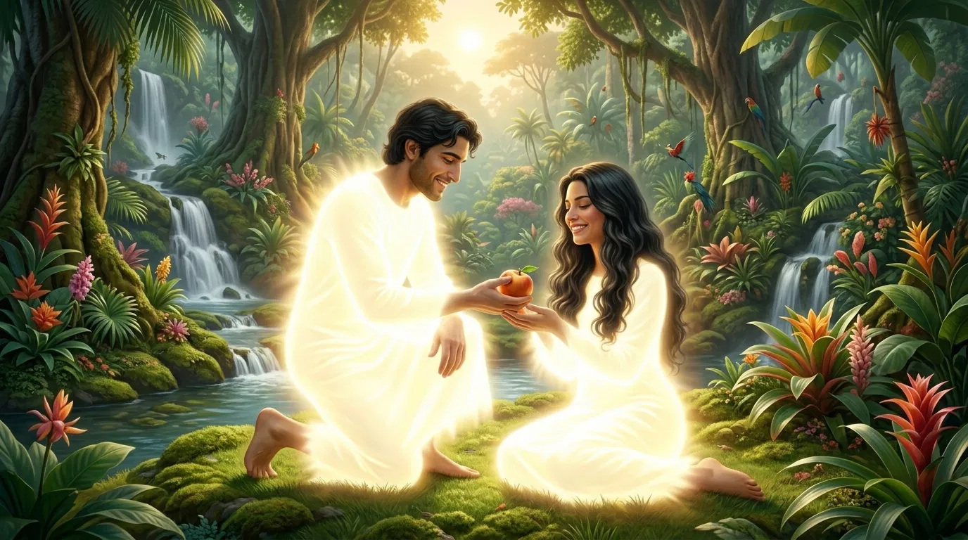 Adam and Eve in Eden Sharing a Fruit