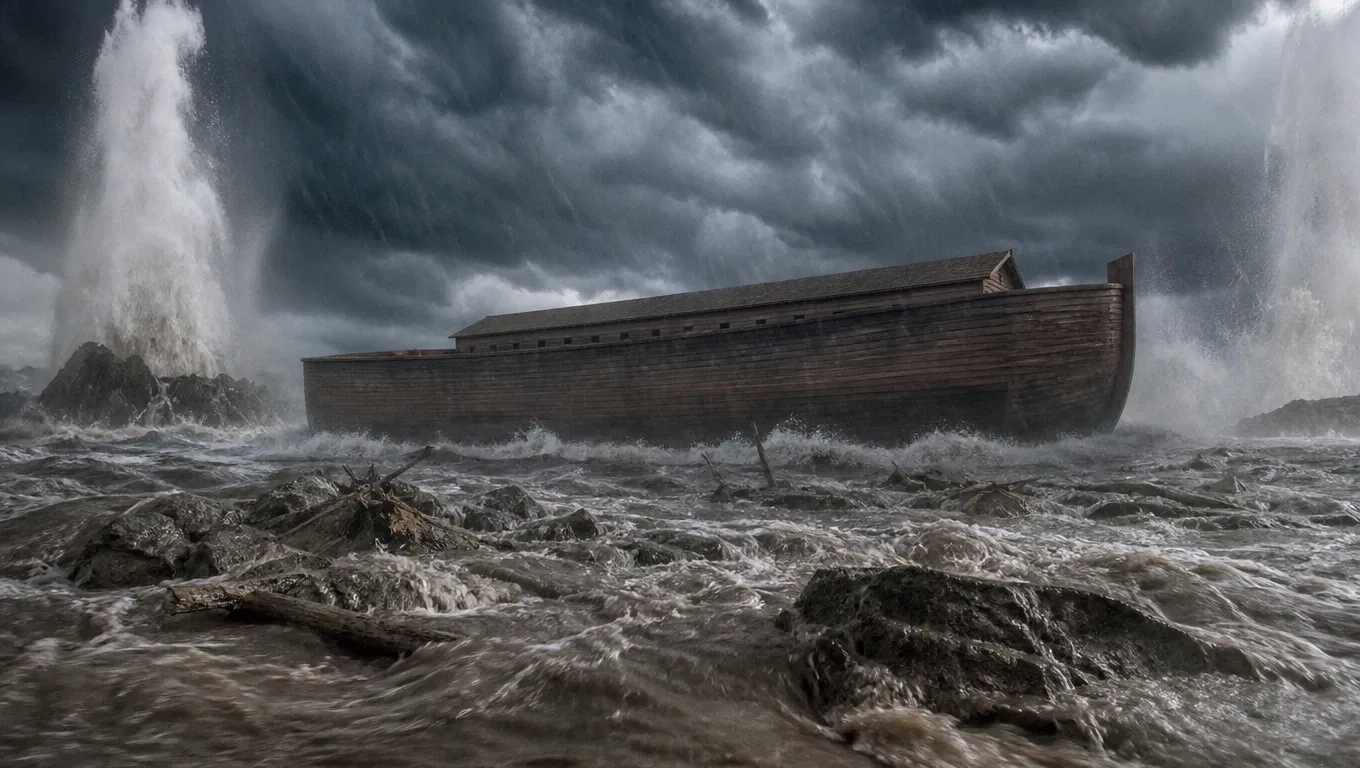 Noah's Ark in the Flood with Fountains Bursting