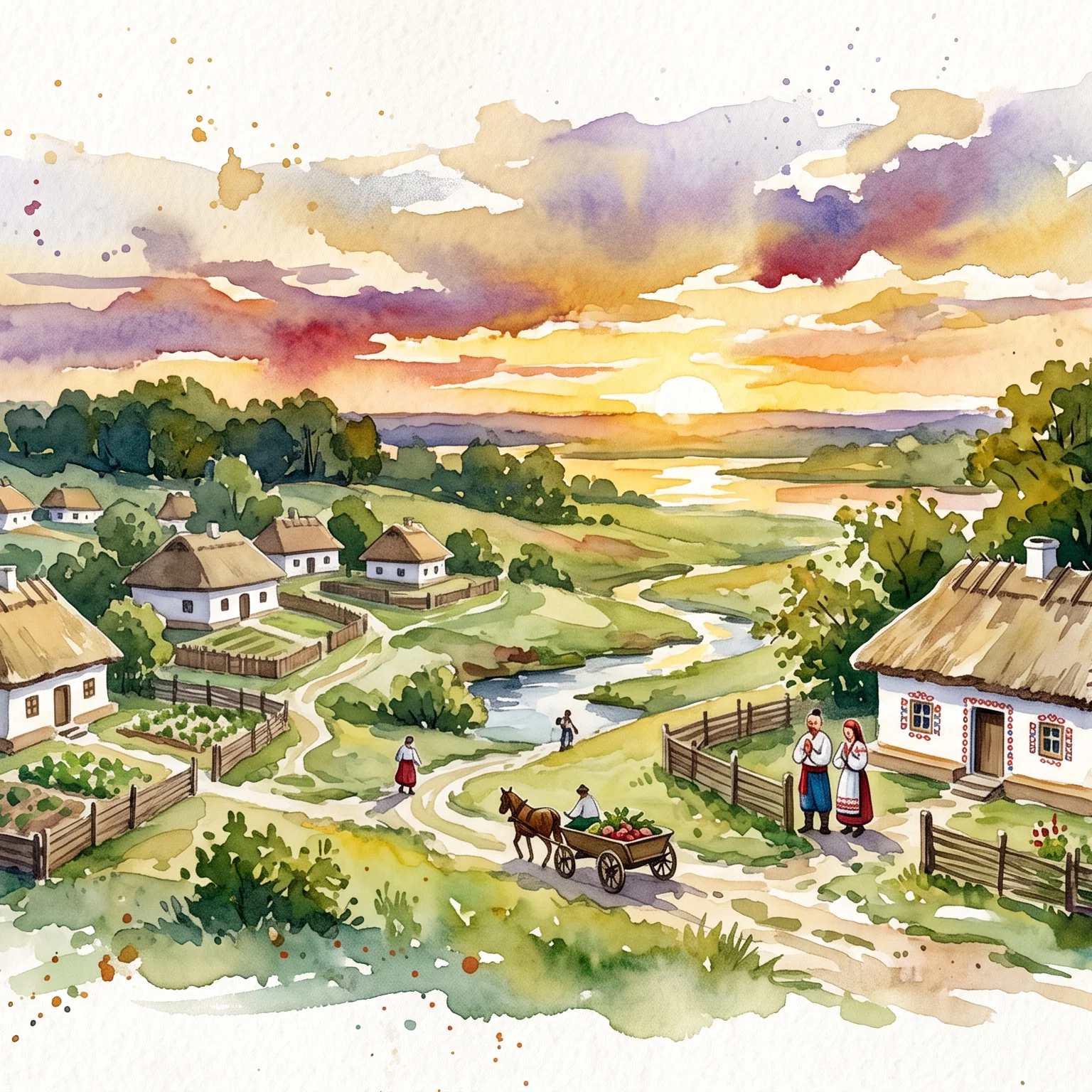 Vibrant Sunset Over a Traditional Village