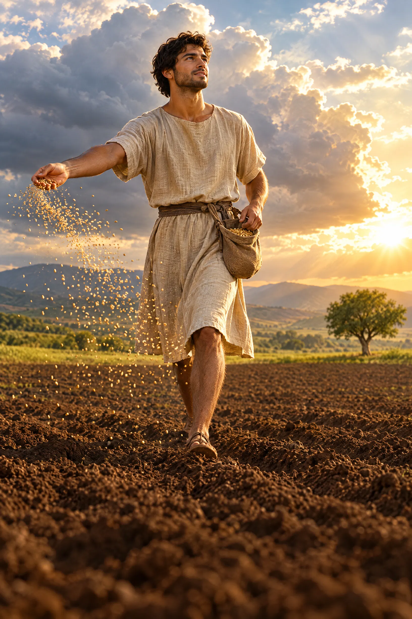 Young Farmer Sowing Seed Across a Ploughed Field