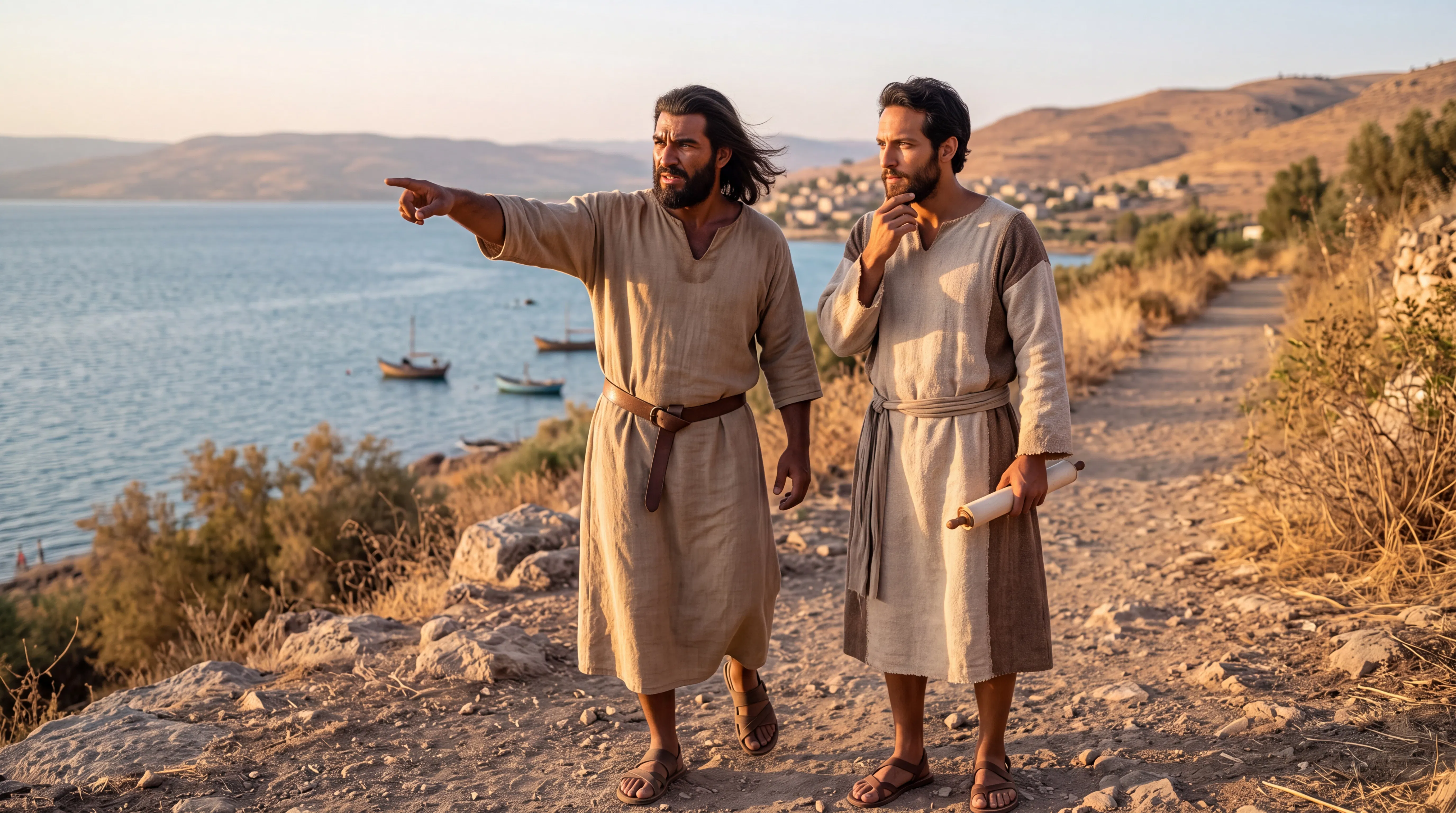 Two Fishermen Walking Above the Sea of Galilee