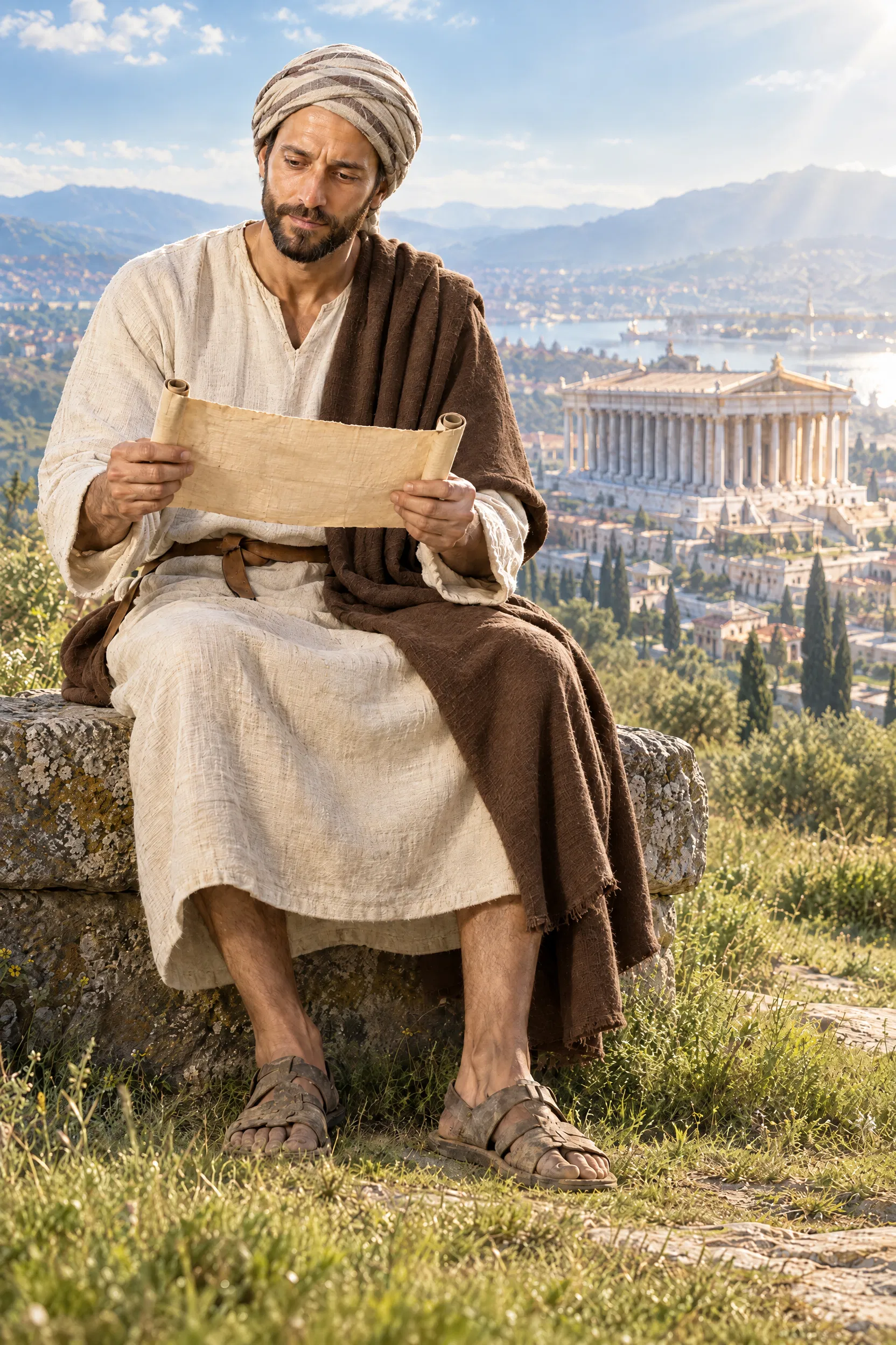 Timothy Reads a Scroll Above Ephesus
