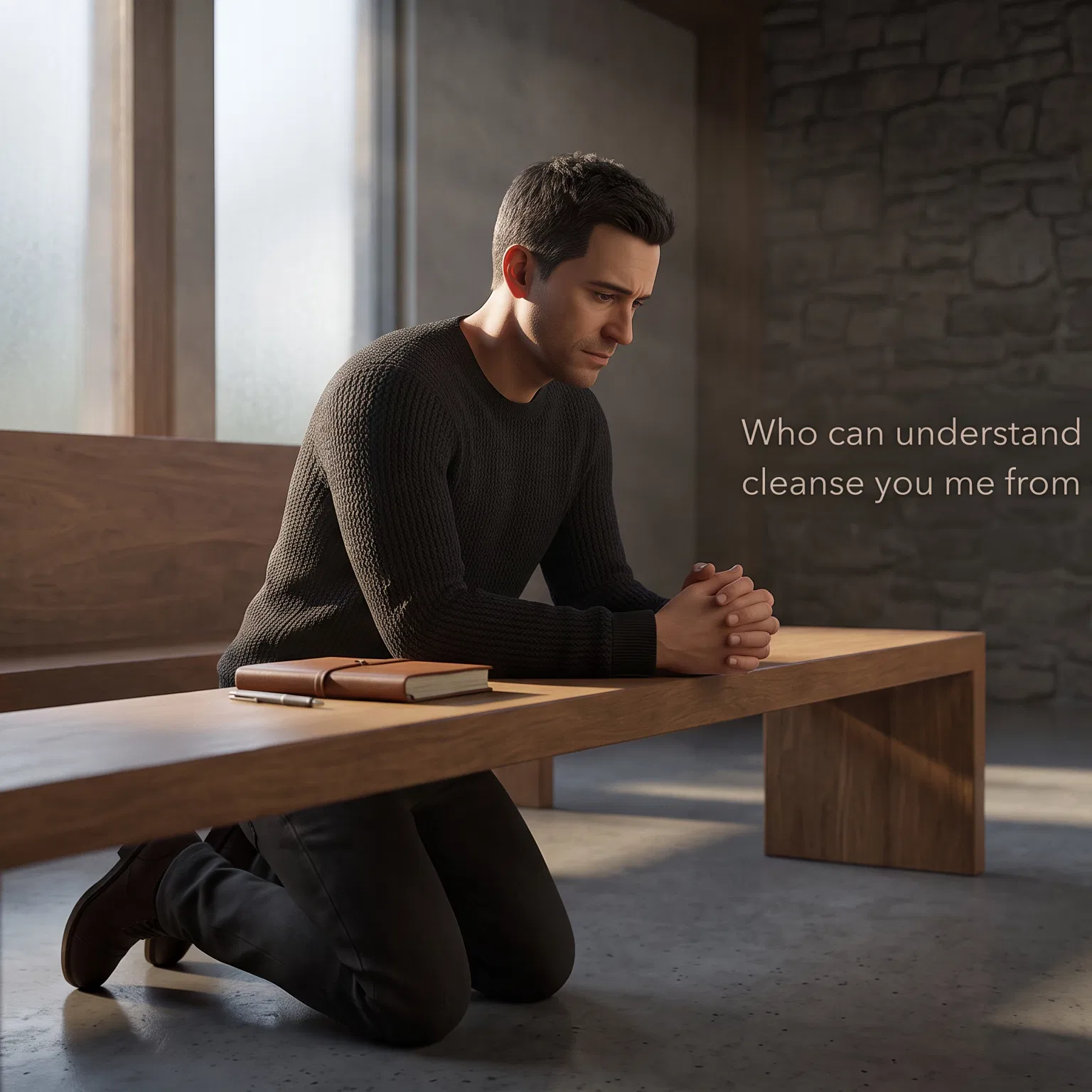 Man Kneeling in Prayer Beside a Psalm Verse