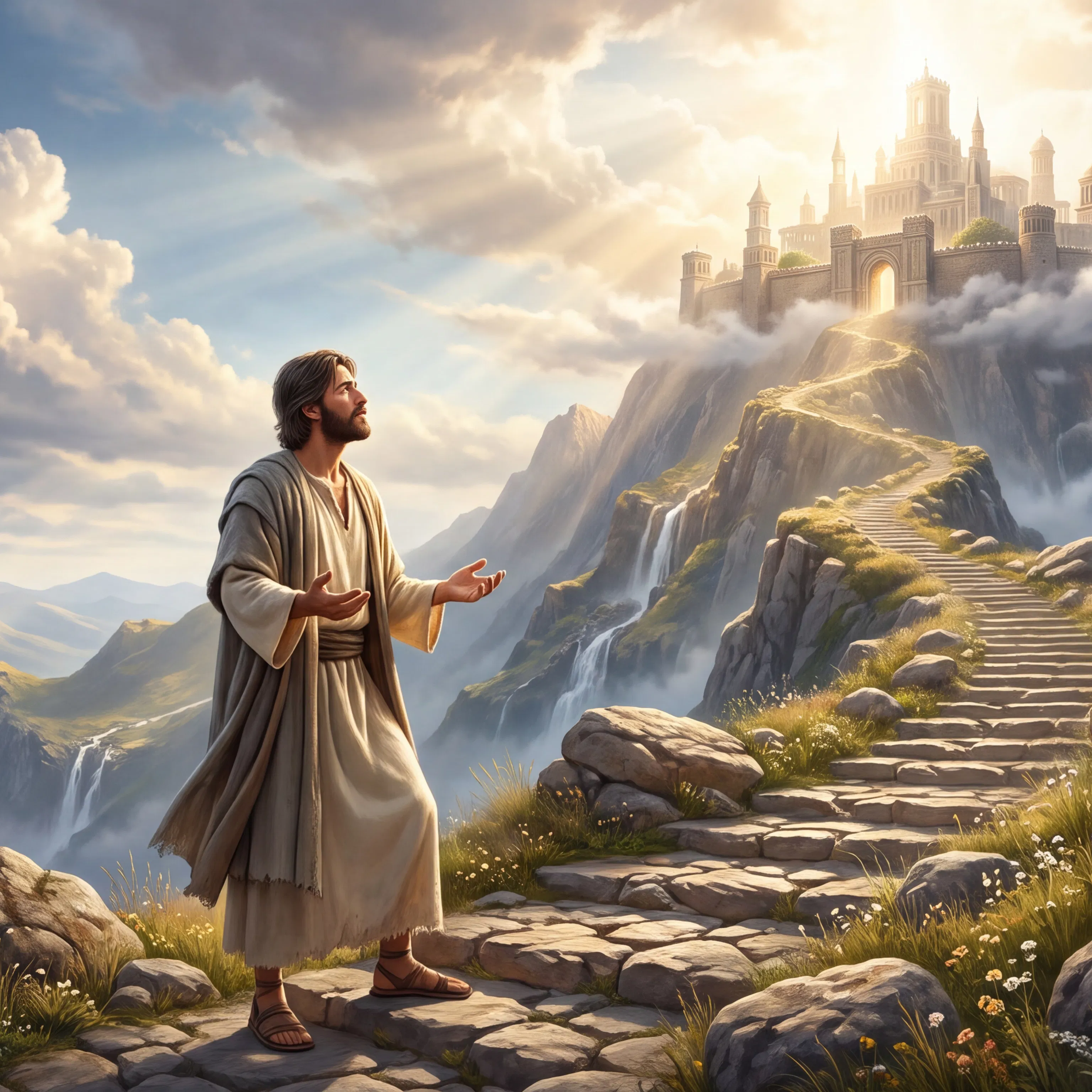 Man in Robes on Mountain Path Toward Distant City