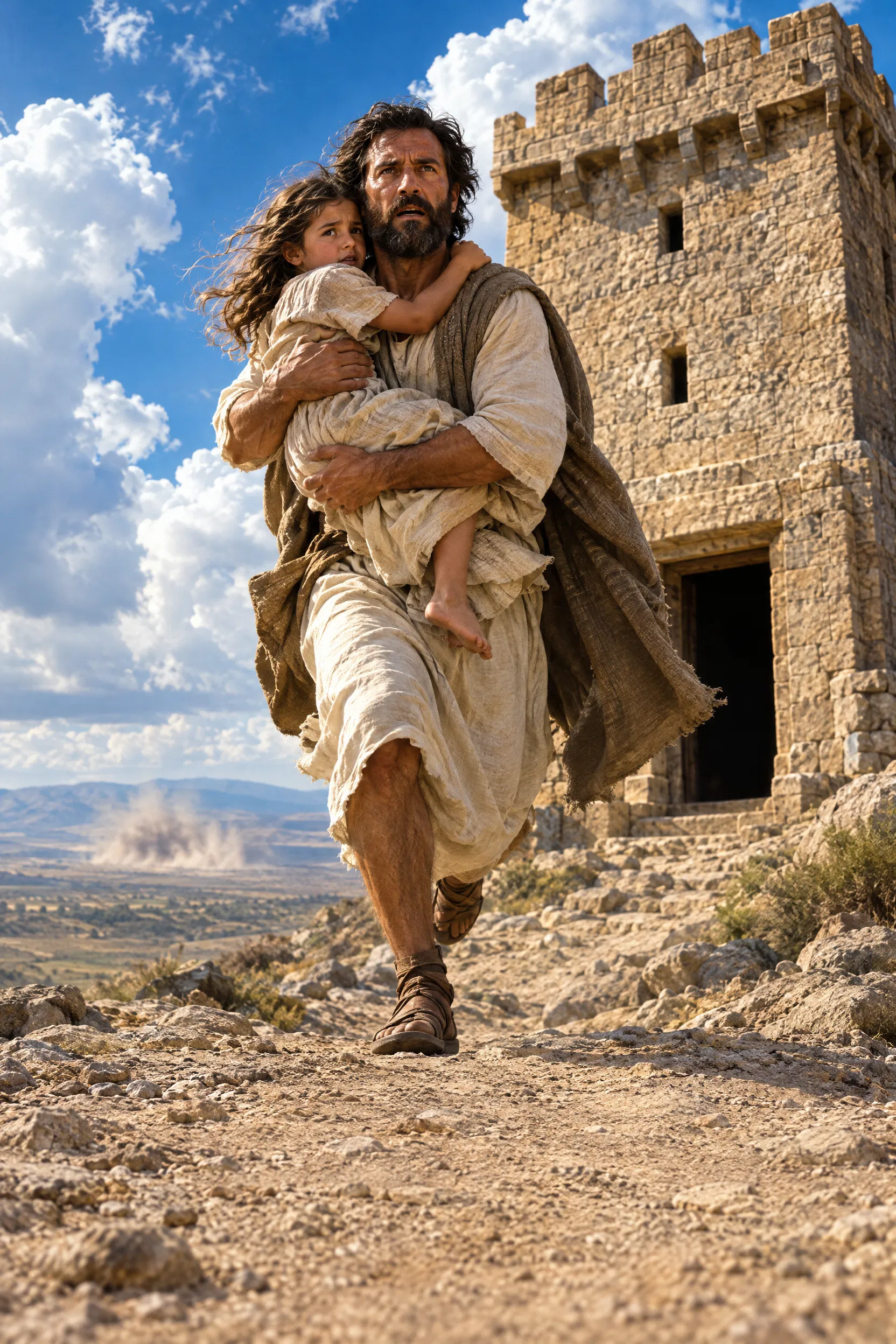 Father Carries His Daughter to a Stone Tower