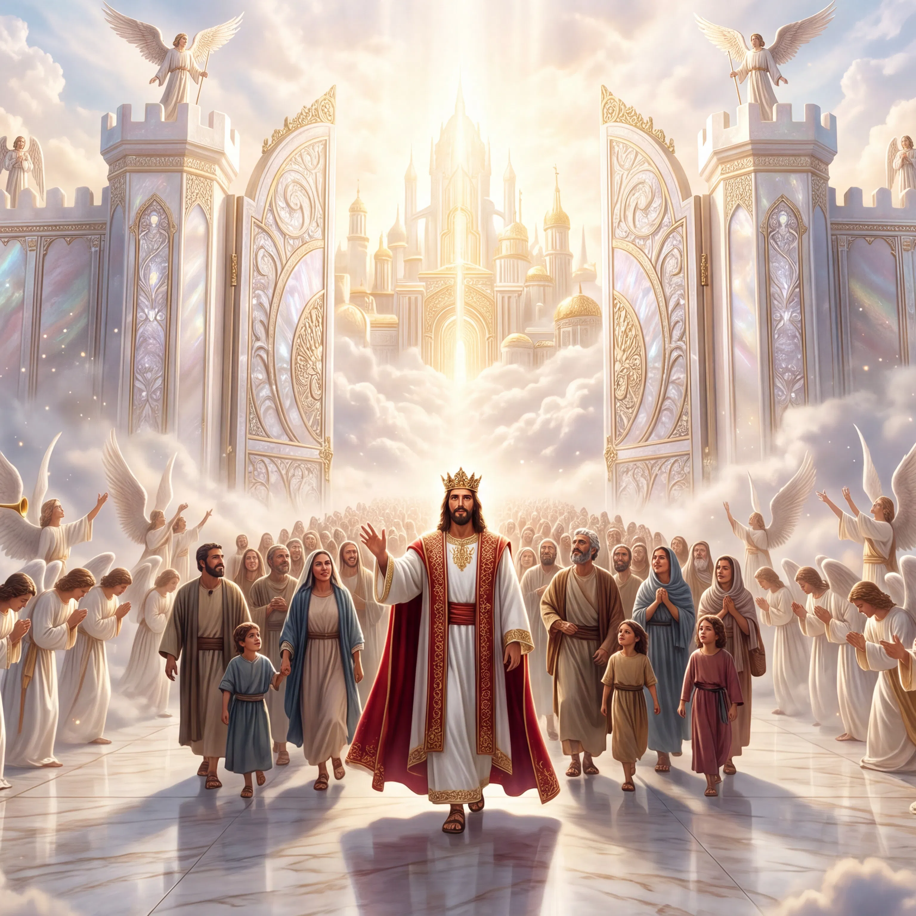 Crowned Christ Leads Believers Through Heavenly Gates