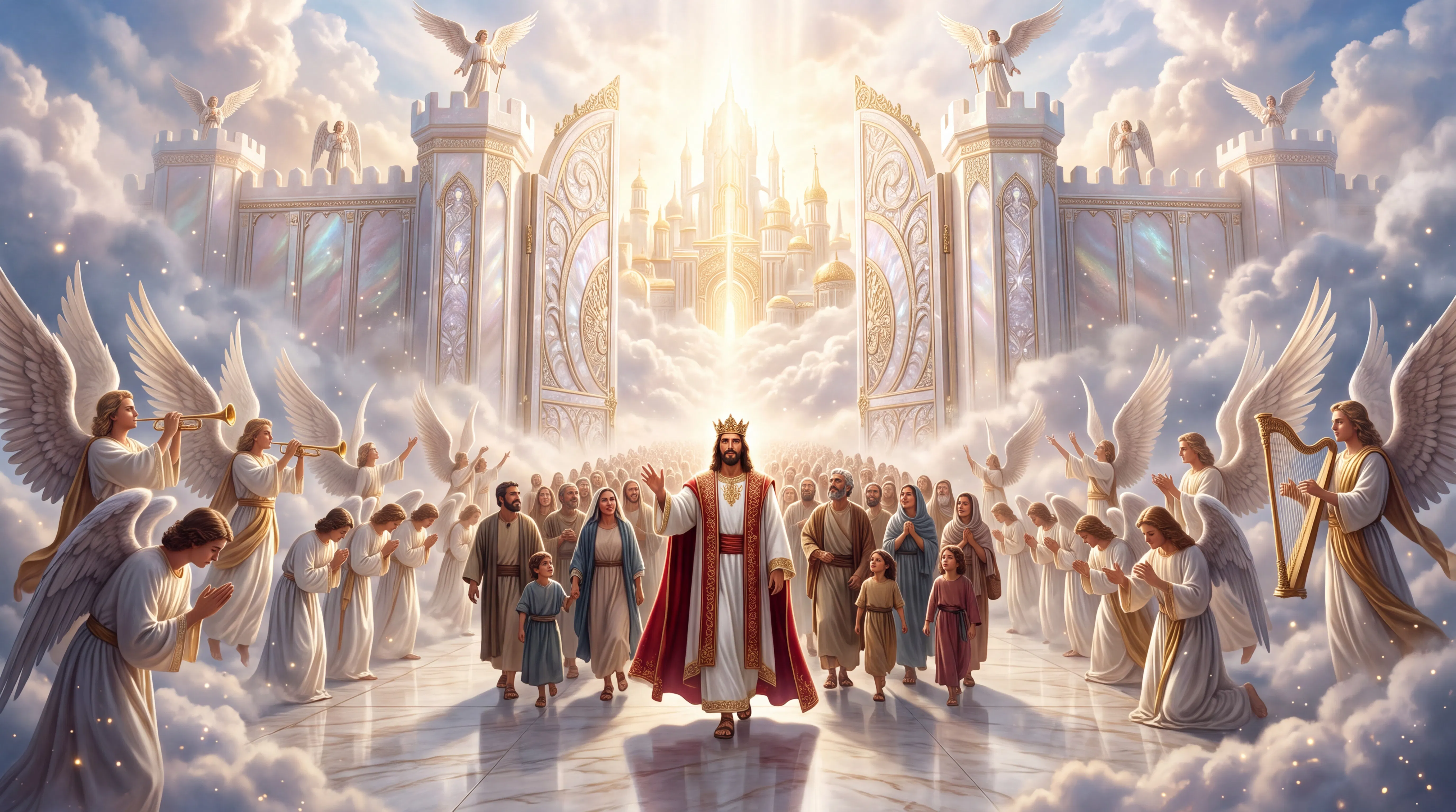 Crowned Christ Leads Believers Through Heavenly Gates