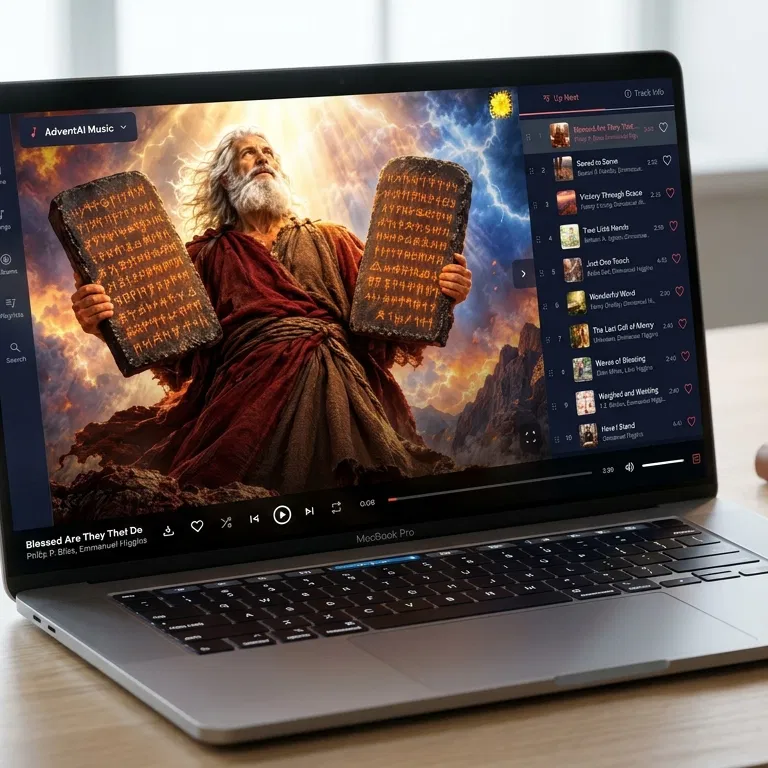 Moses Holding the Tablets Shown on a Laptop