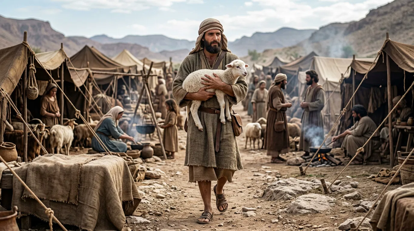An Israelite Walking with Lamb through the Camp