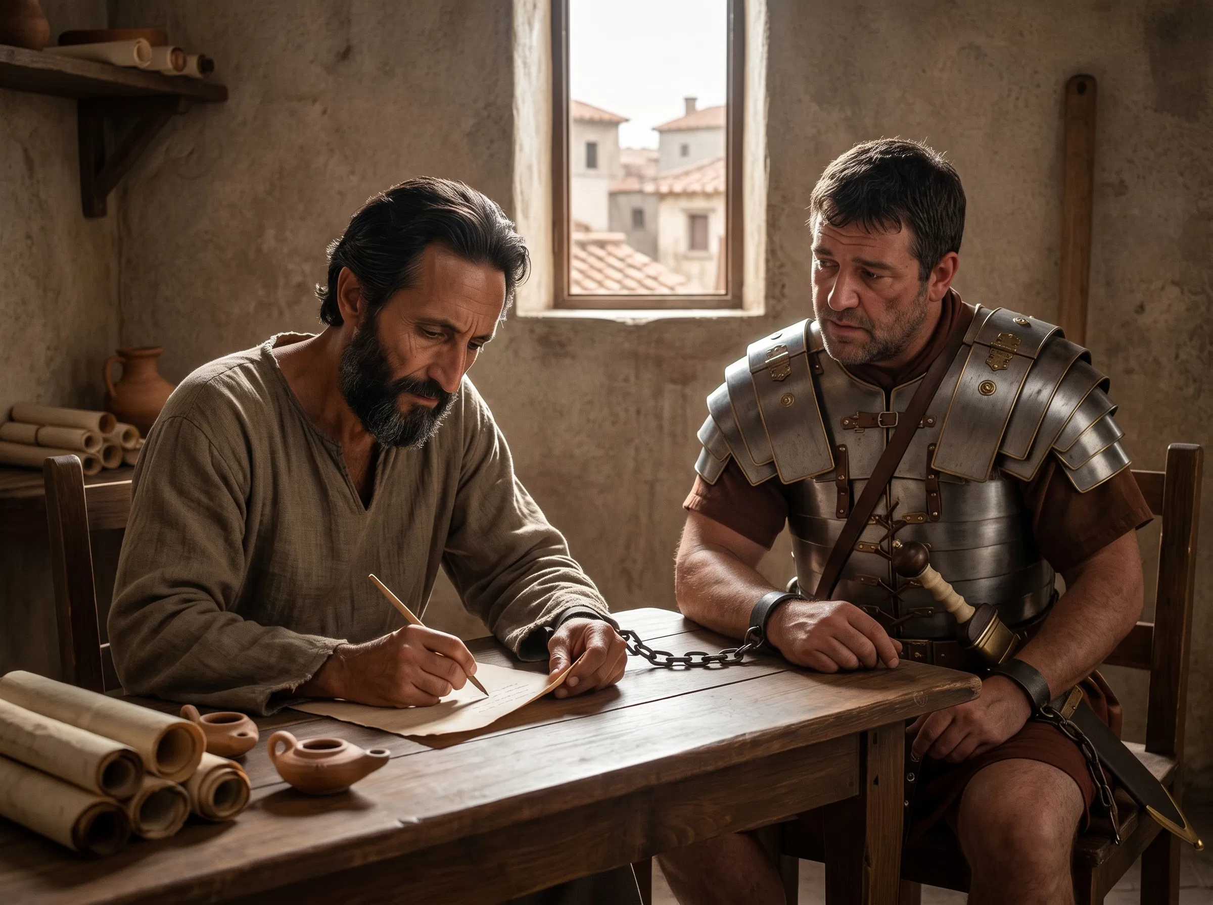 Paul Writing in Rome Chained to a Soldier