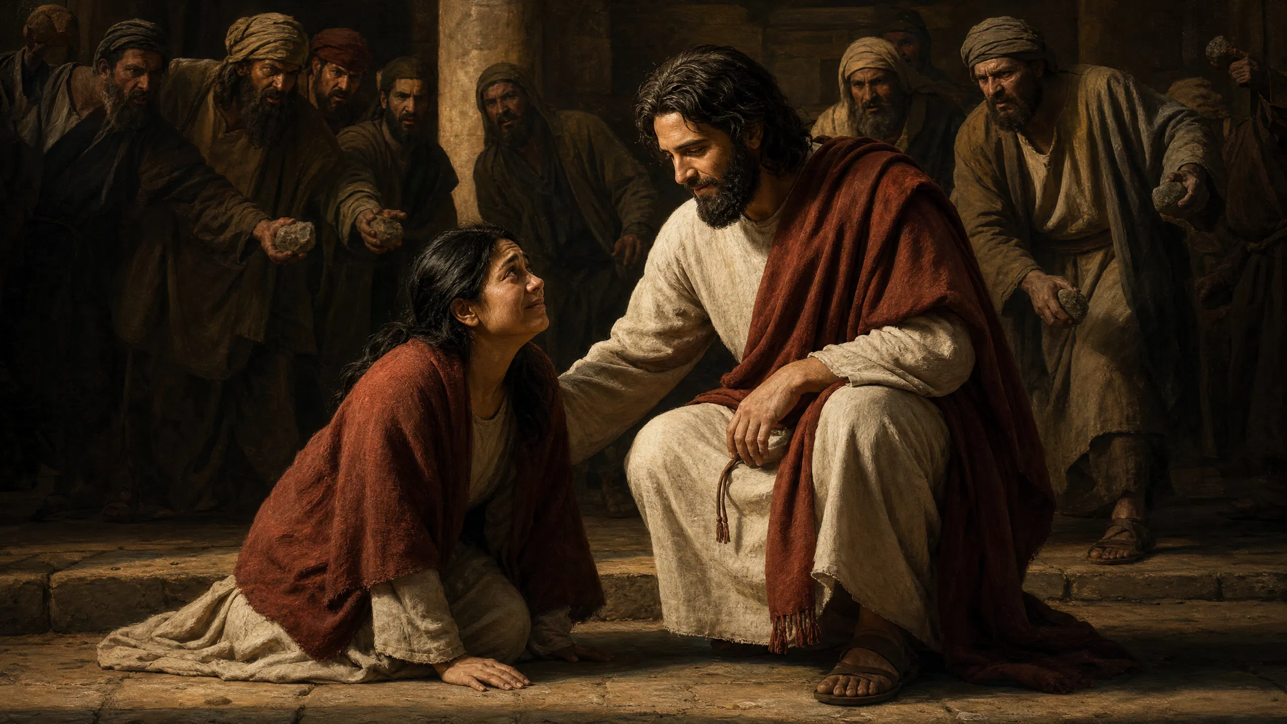Jesus Protects a Kneeling Woman from Stone Throwers