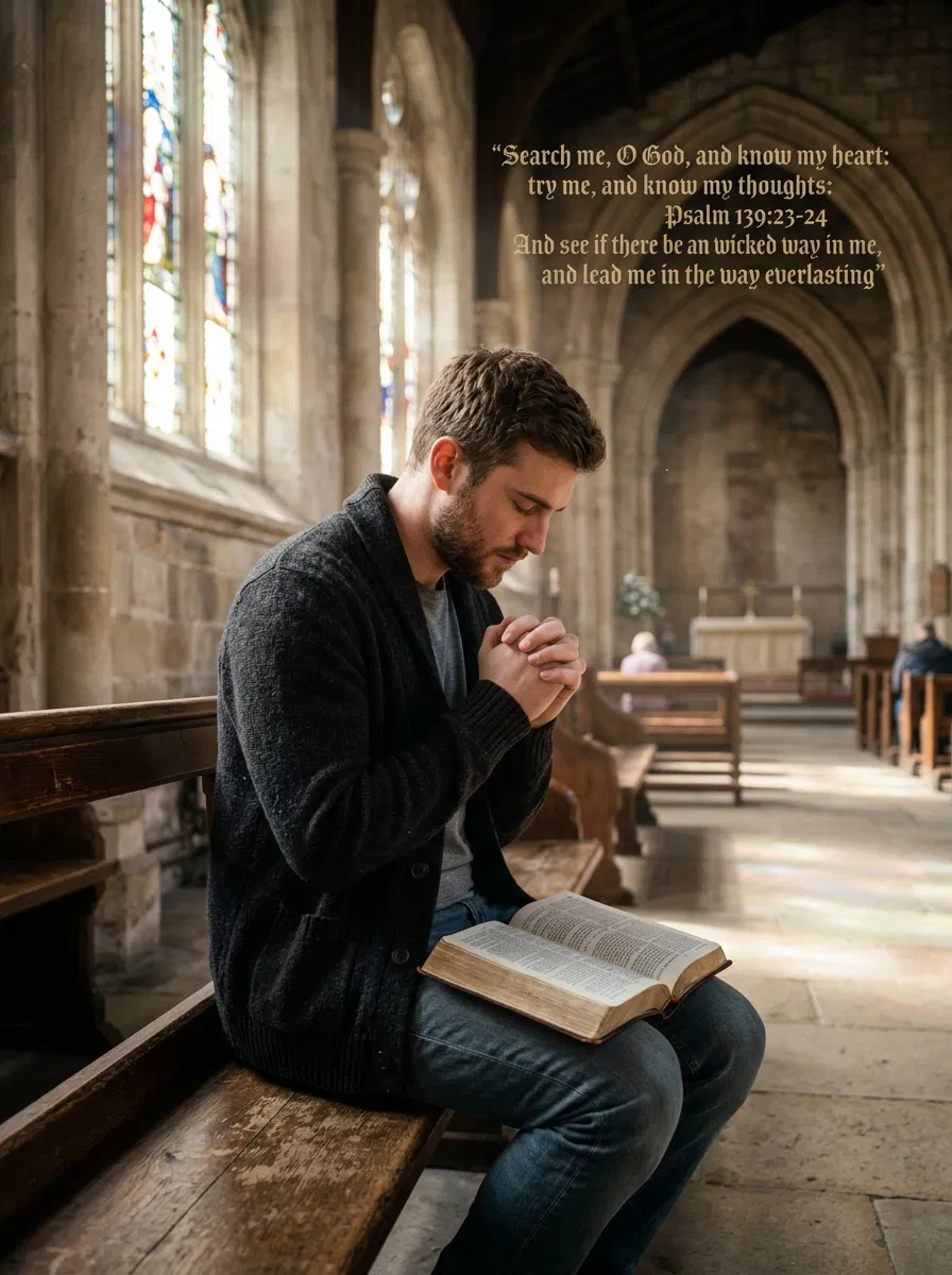 Man Praying With a Bible in a Church