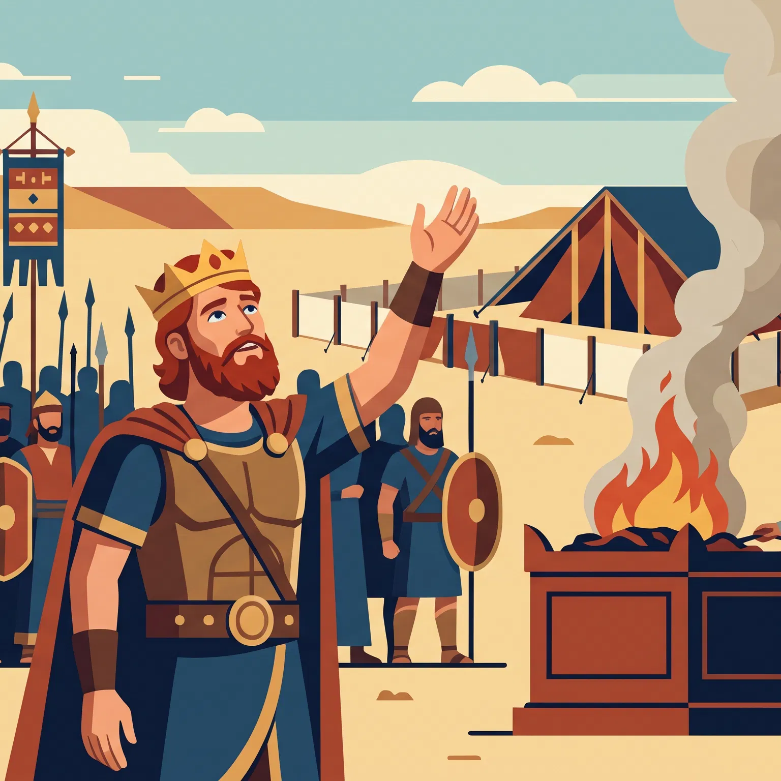 King Raises His Hand Before Army and Altar