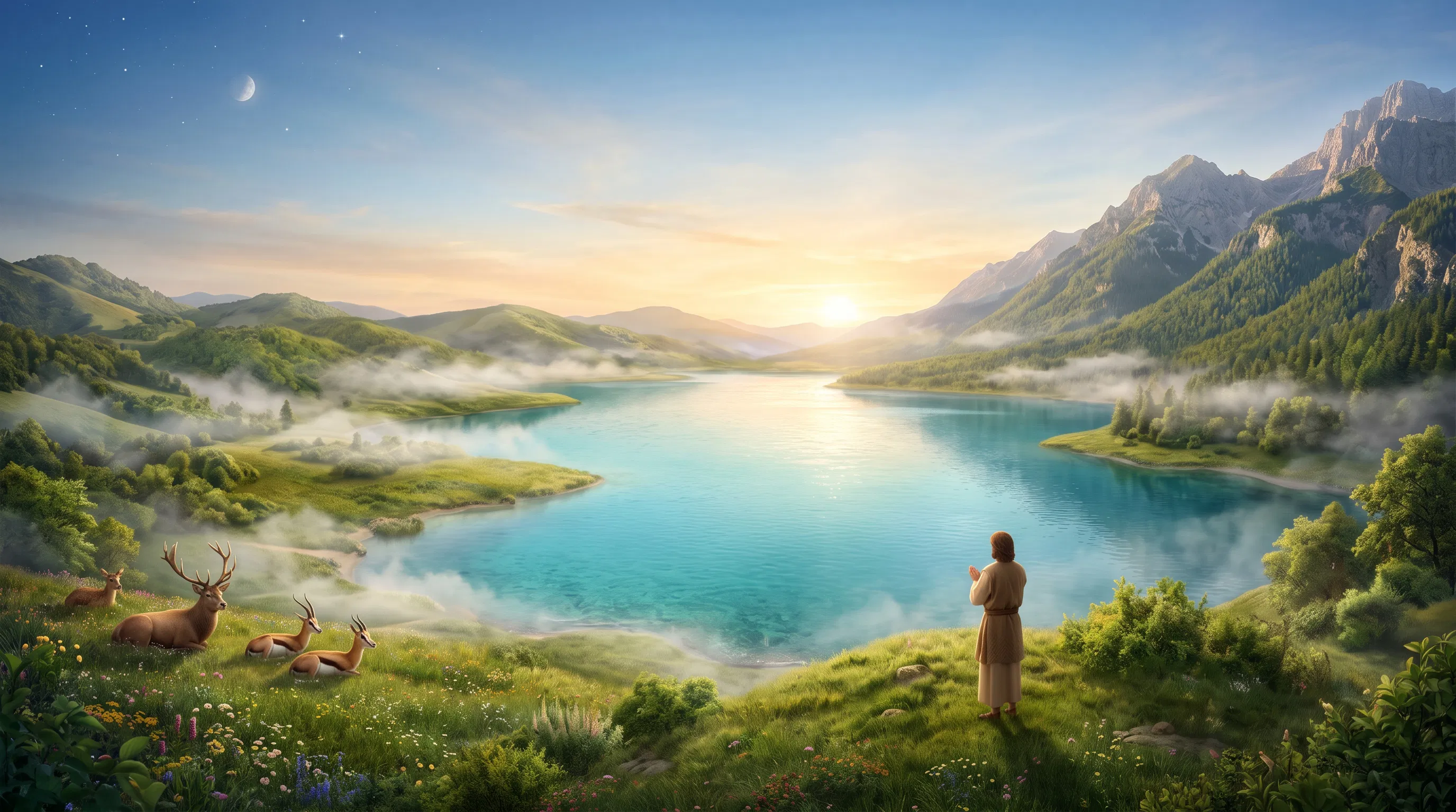 Adam Giving Thanks at Sunrise by a Lake
