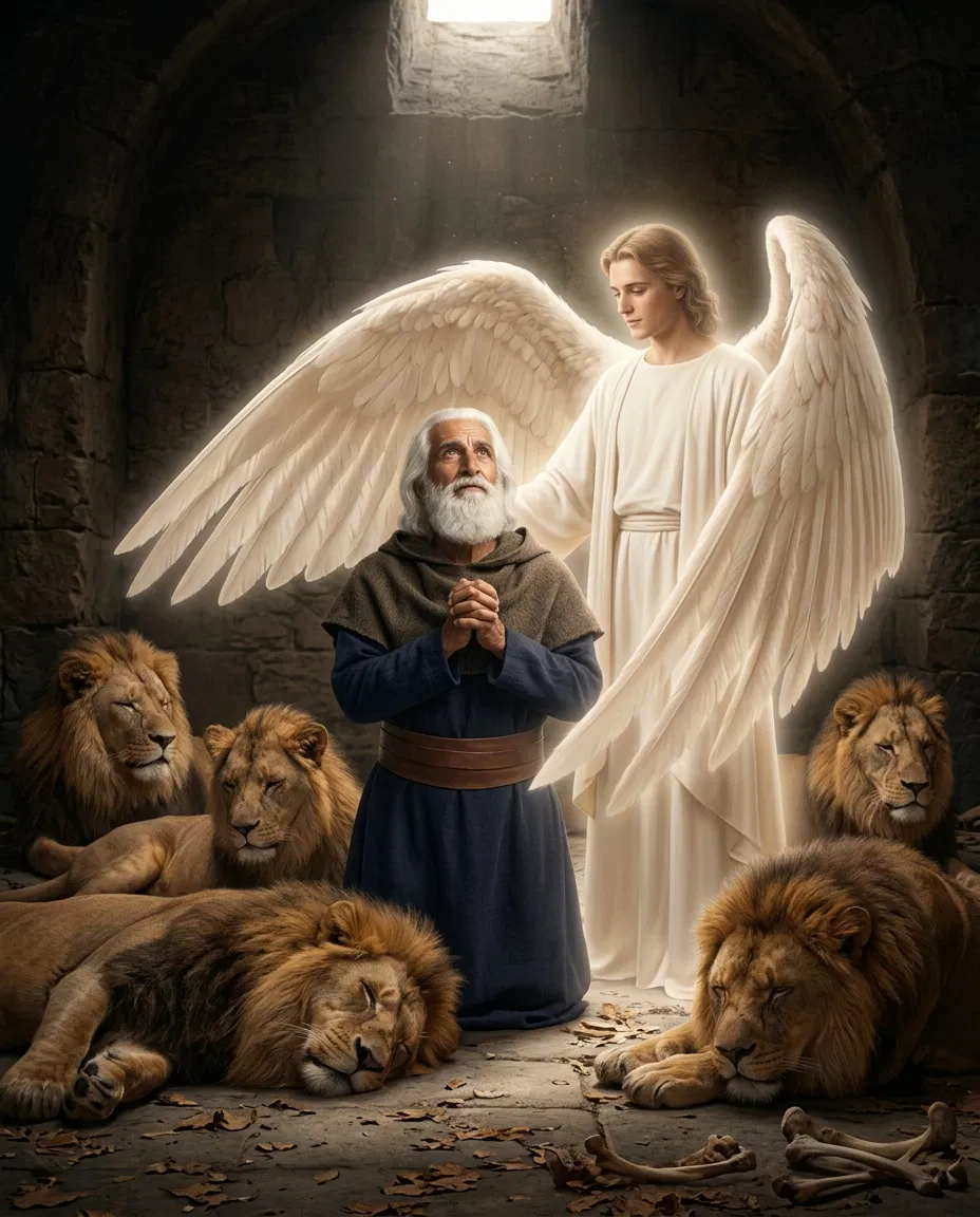 Daniel Kneels Among the Lions With an Angel