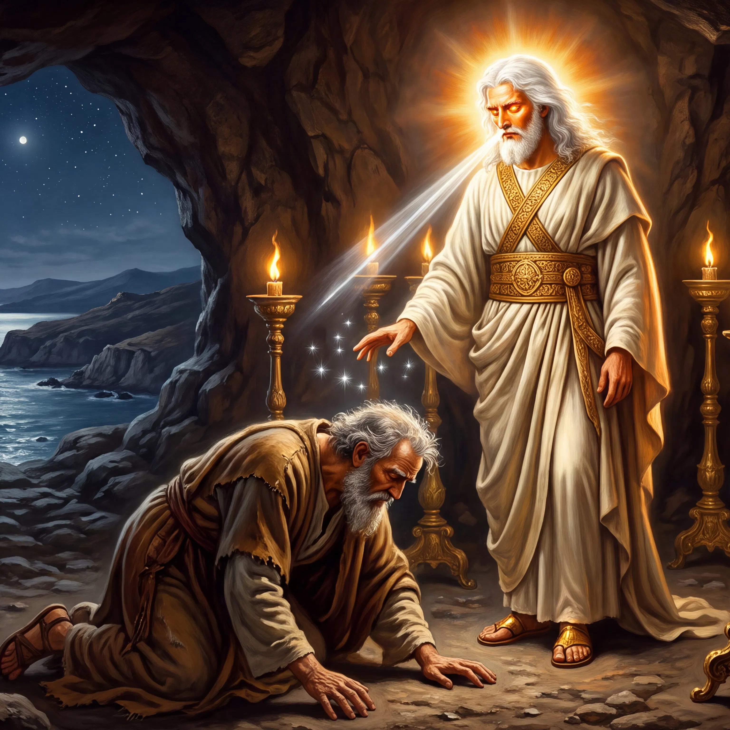John Kneels Before the Radiant Christ on Patmos